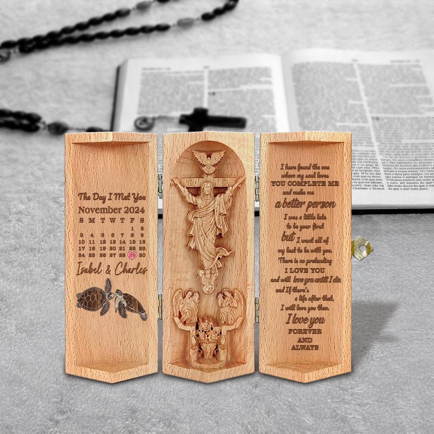 Custom Calendar The Day I Met You Christian Wooden Love Scripture, Turtle Couple Jesus Carving with Bible Verse, Religious Gift for Couple