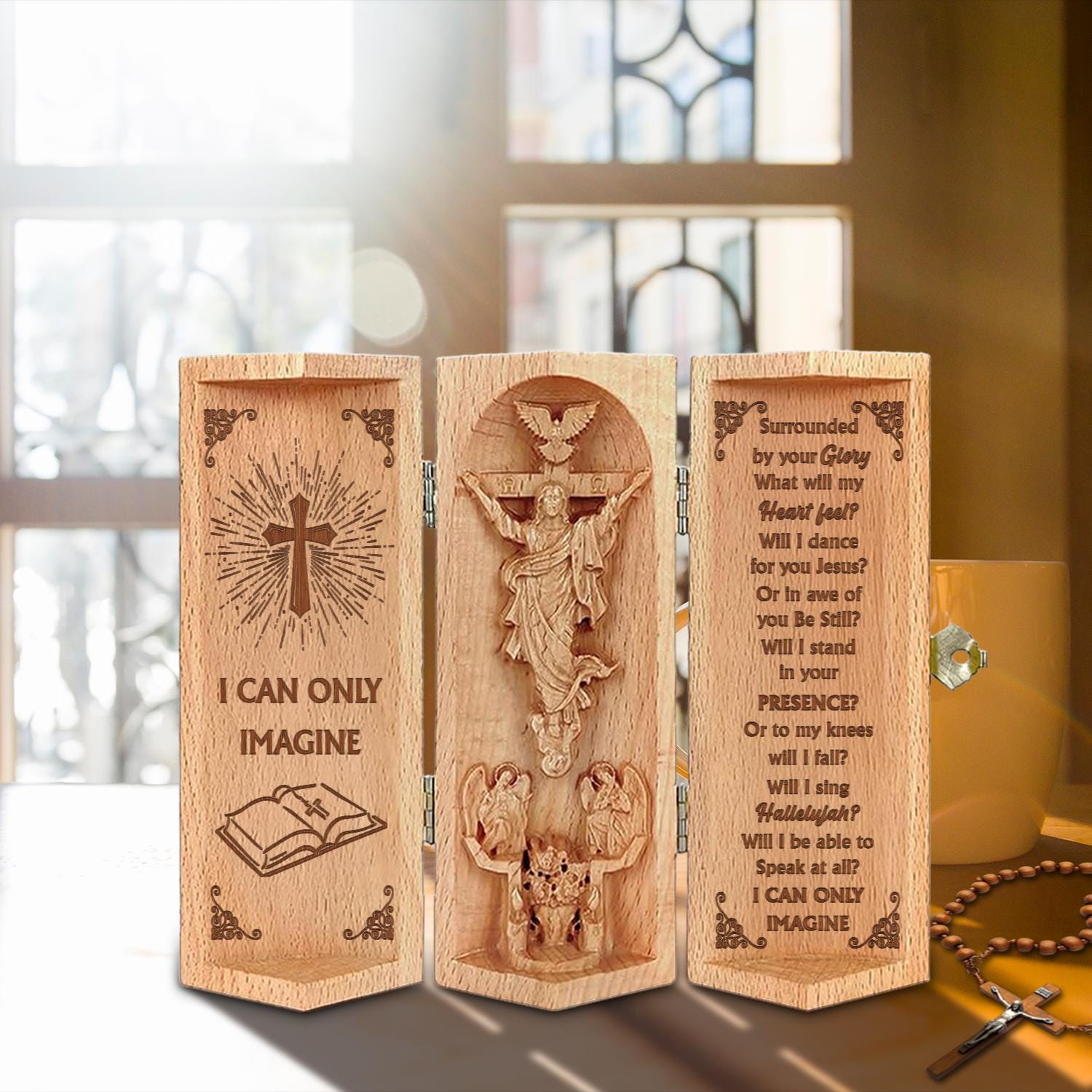 I Can Only Imagine Christian Wooden Cylinder Sculpture of Jesus Inspirational Plaque with Jesus and Worship Lyrics