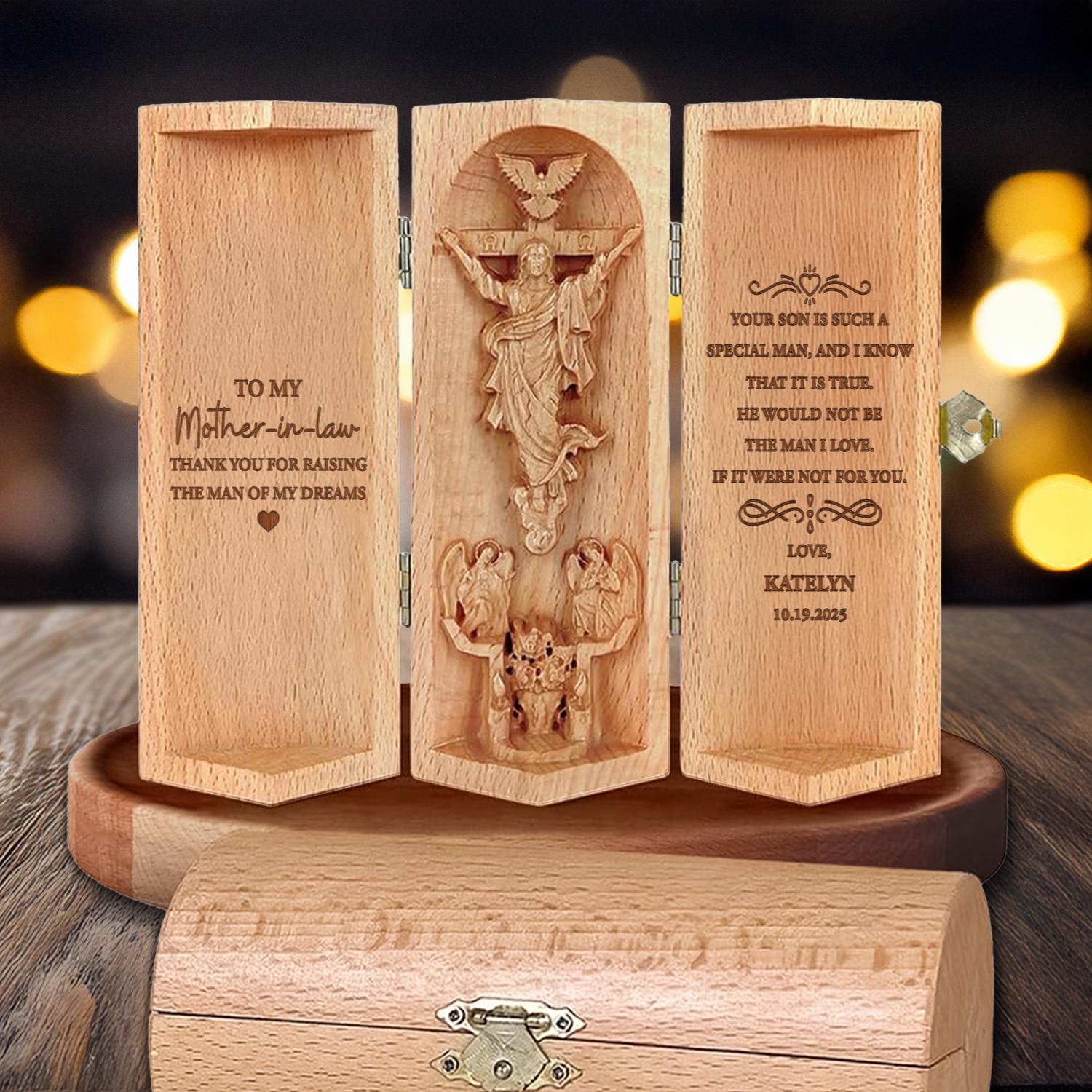Personalized Christian Wooden Cylinder Sculpture of Jesus Thank You Gifts for Mother-in-Law from Bride  Jesus Carving Folding Prayer Plaque
