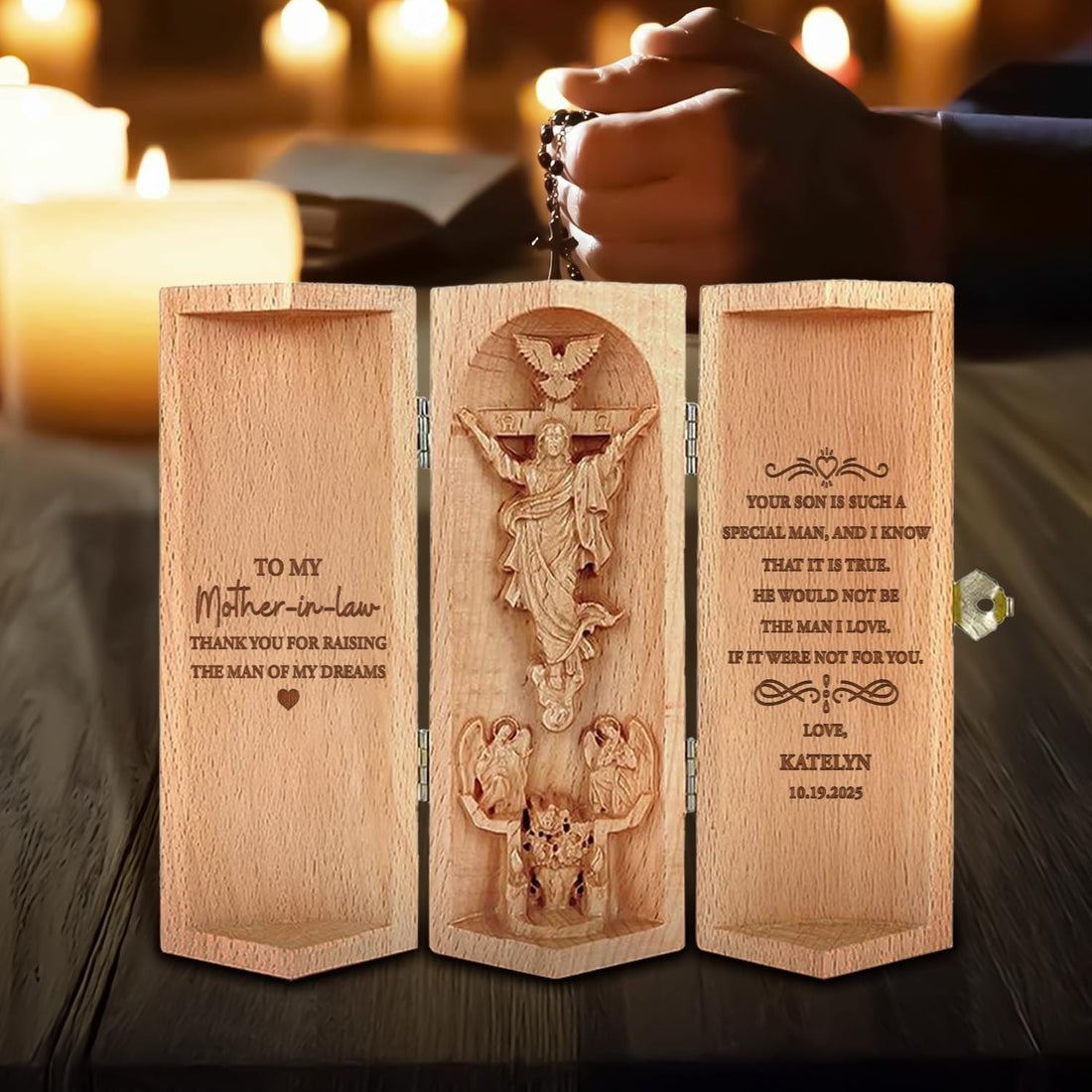 Personalized Christian Wooden Cylinder Sculpture of Jesus Thank You Gifts for Mother-in-Law from Bride  Jesus Carving Folding Prayer Plaque