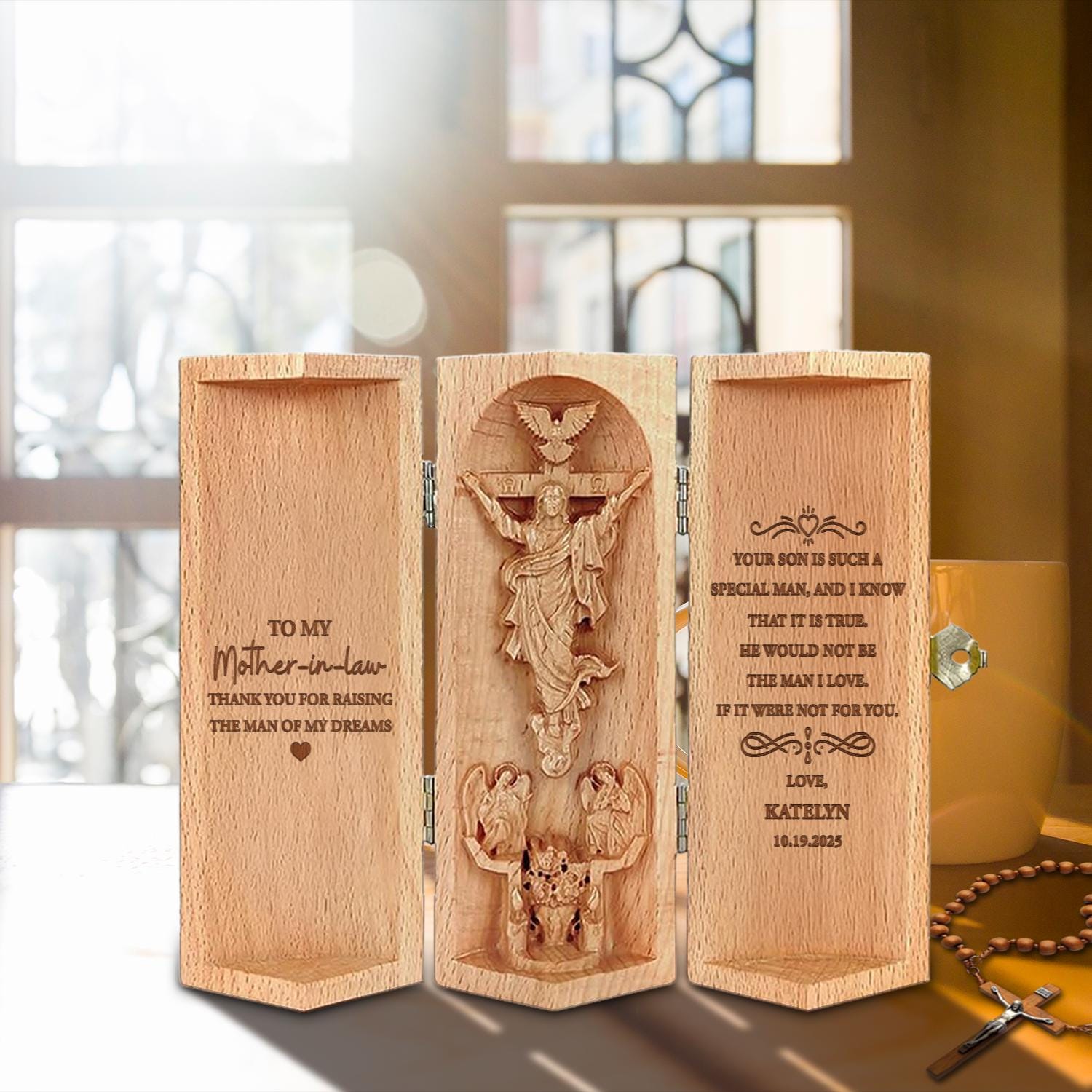 Personalized Christian Wooden Cylinder Sculpture of Jesus Thank You Gifts for Mother-in-Law from Bride  Jesus Carving Folding Prayer Plaque