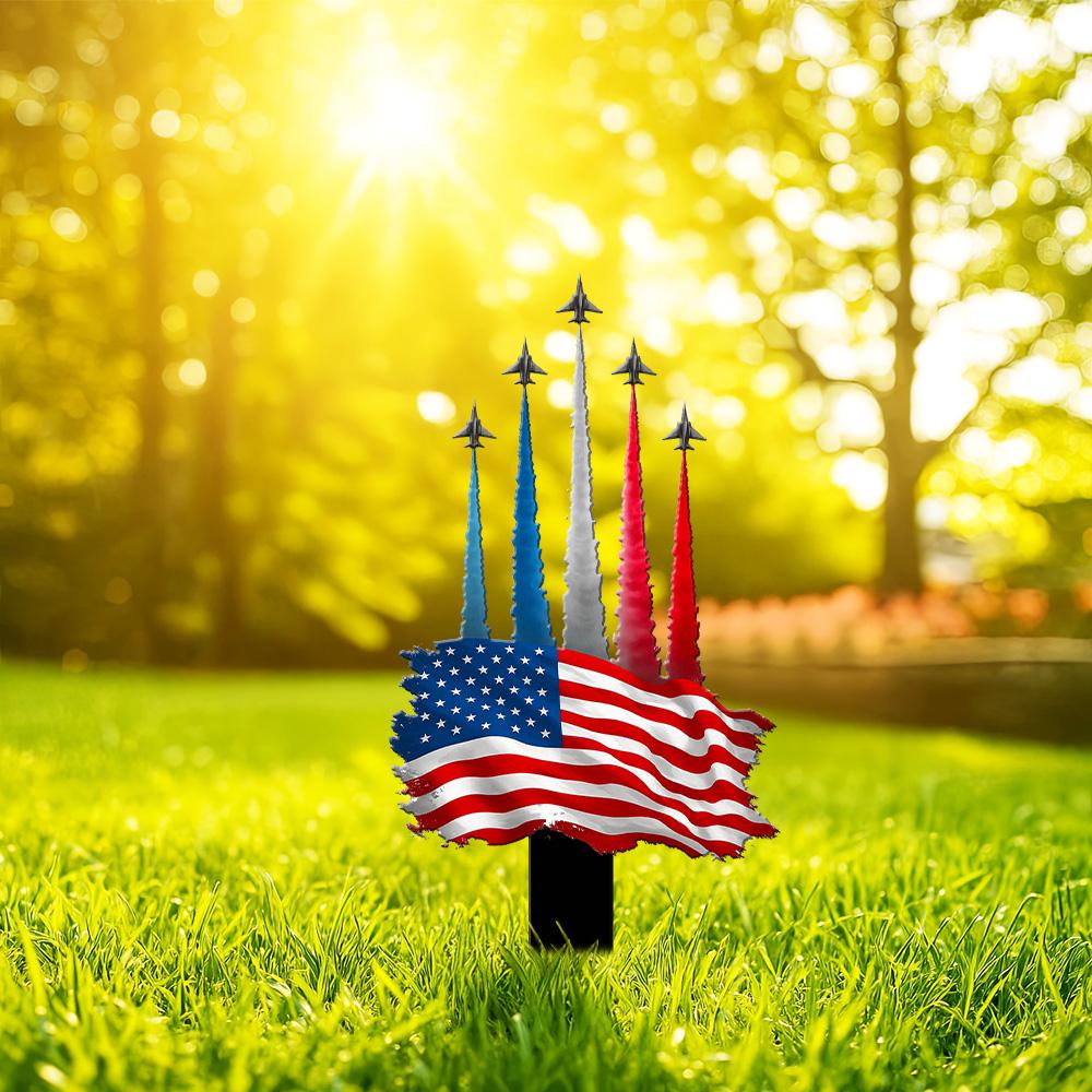 American Flag Jet Flyover Metal Stake, Patriotic Lawn Decor
