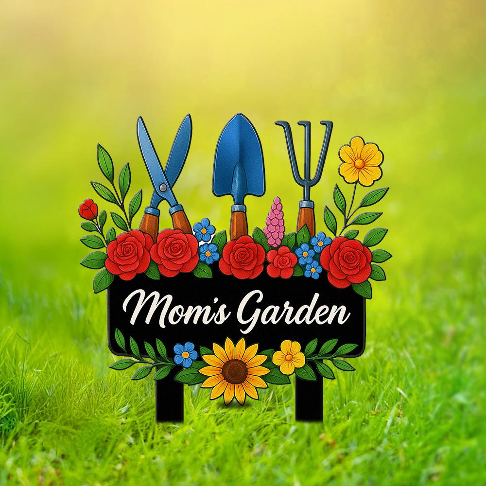 Custom Moms Garden Sign  Metal Floral Yard Stake with Sunflowers, Tools & Daisy, Rustic Outdoor Gift for Mother, Grandma, Flower Lover