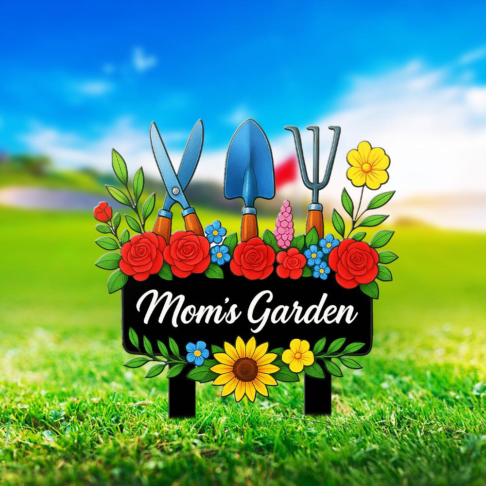 Custom Moms Garden Sign  Metal Floral Yard Stake with Sunflowers, Tools & Daisy, Rustic Outdoor Gift for Mother, Grandma, Flower Lover