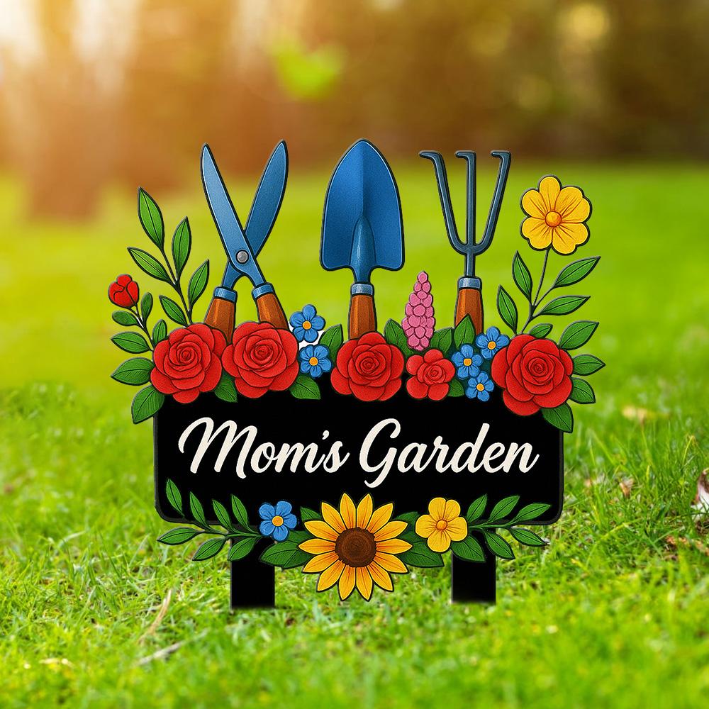 Custom Moms Garden Sign  Metal Floral Yard Stake with Sunflowers, Tools & Daisy, Rustic Outdoor Gift for Mother, Grandma, Flower Lover