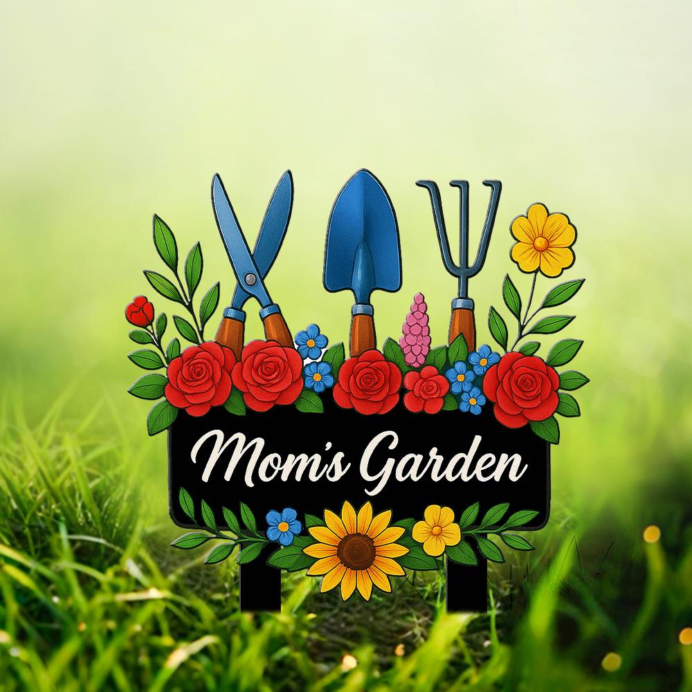 Custom Moms Garden Sign  Metal Floral Yard Stake with Sunflowers, Tools & Daisy, Rustic Outdoor Gift for Mother, Grandma, Flower Lover