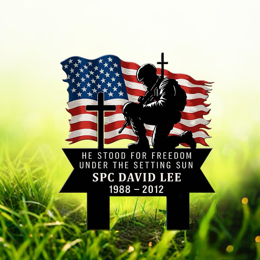 Custom Military Memorial Metal Stake, Fallen Soldier with Cross US Flag, Outdoor Grave Marker for Veteran Tribute, Memorial Day, July 4th