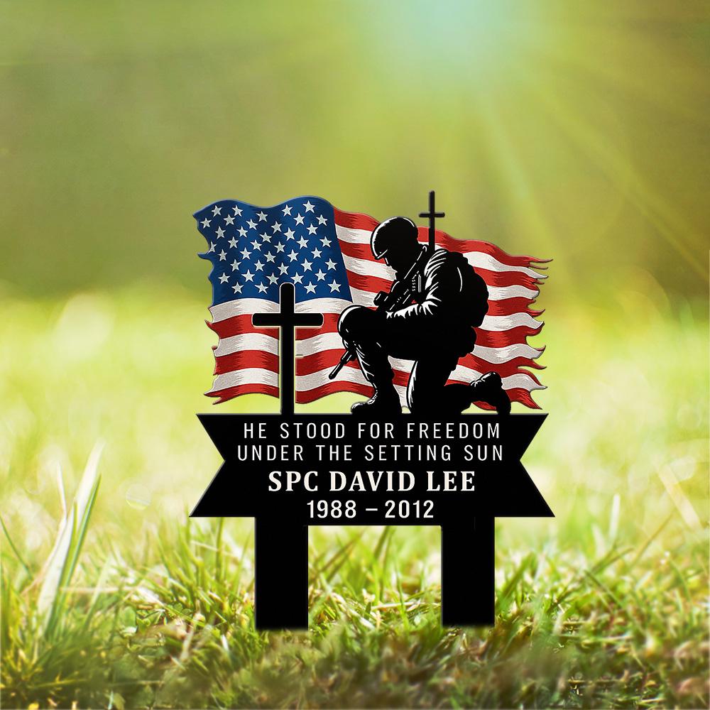 Custom Military Memorial Metal Stake, Fallen Soldier with Cross US Flag, Outdoor Grave Marker for Veteran Tribute, Memorial Day, July 4th