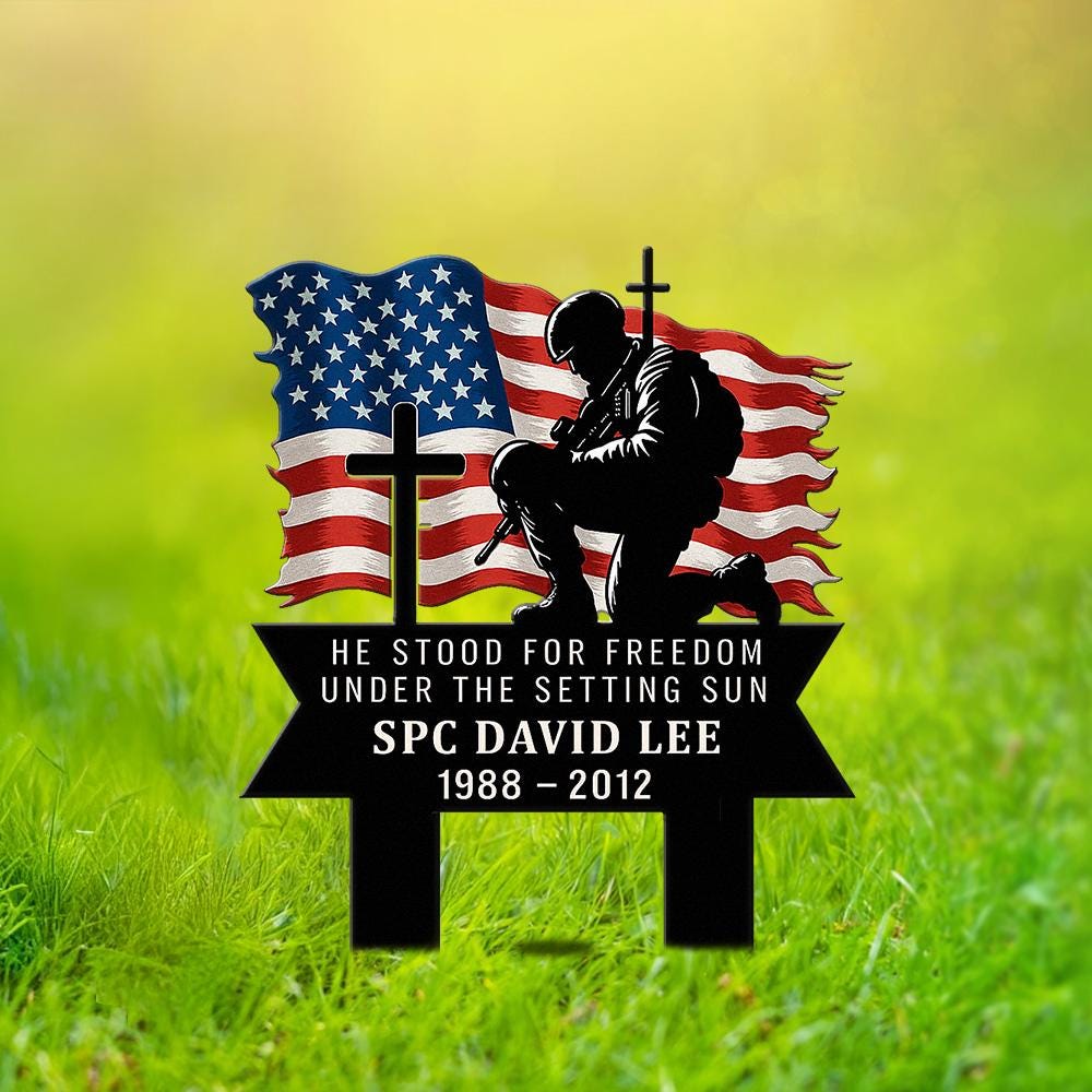 Custom Military Memorial Metal Stake, Fallen Soldier with Cross US Flag, Outdoor Grave Marker for Veteran Tribute, Memorial Day, July 4th