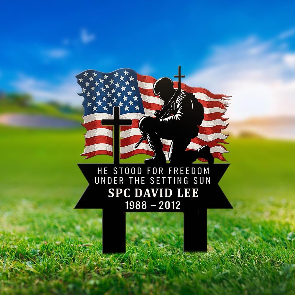 Custom Military Memorial Metal Stake, Fallen Soldier with Cross US Flag, Outdoor Grave Marker for Veteran Tribute, Memorial Day, July 4th