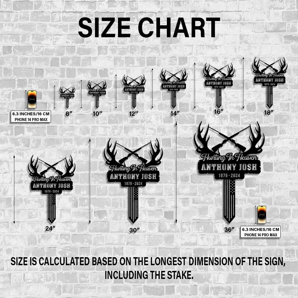 Hunting in Heaven, Custom Memorial Grave Marker, Metal Garden Stake Plaque, Loss of Dad Papa Husband, Deer Antlers and Rifle Tribute Sign