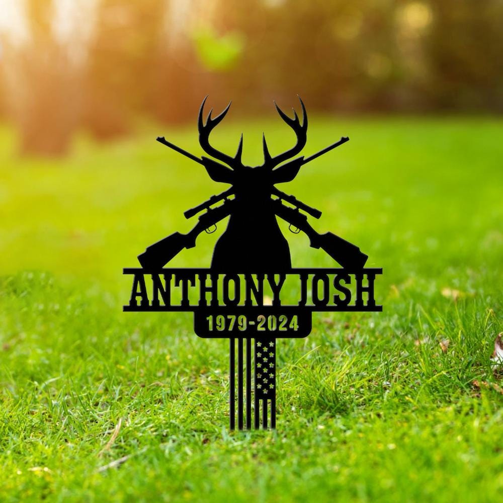 Personalized Hunting Memorial Metal Stake Grave Marker, Loss of Papa Pop Pop, Deer Hunter Tribute Sign, Outdoor Yard Decor, American Flag