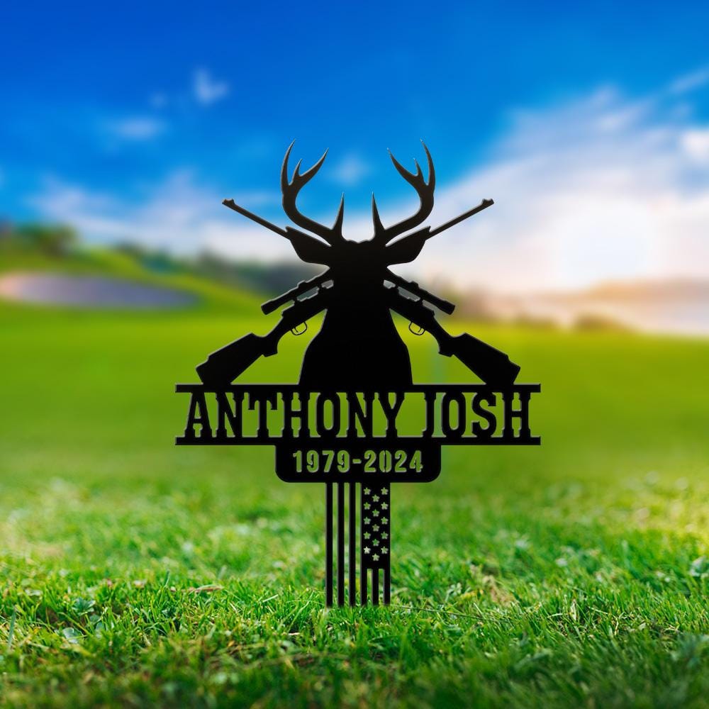 Personalized Hunting Memorial Metal Stake Grave Marker, Loss of Papa Pop Pop, Deer Hunter Tribute Sign, Outdoor Yard Decor, American Flag