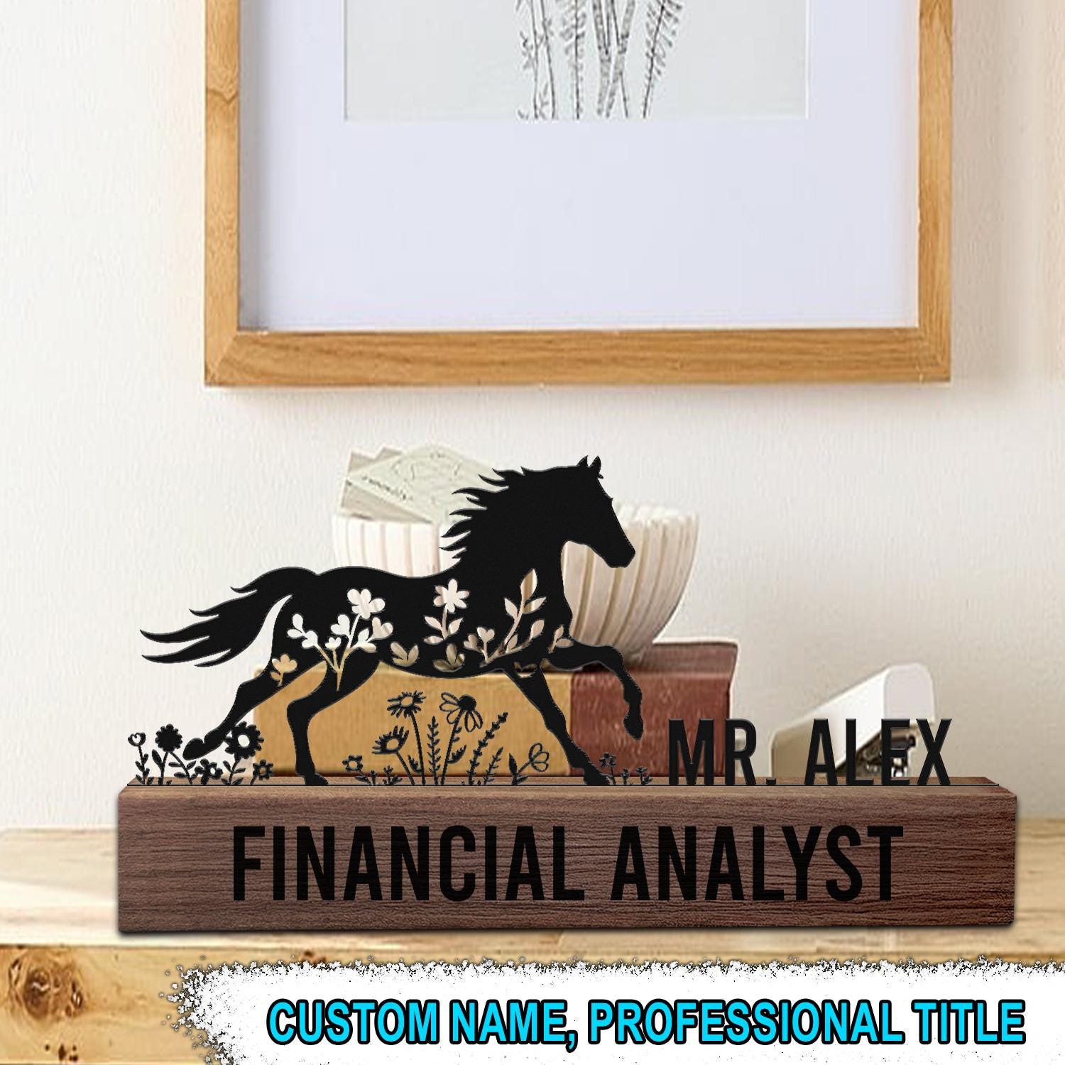 Custom Horse Desk Nameplate Metal Office Sign with Running Stallion Floral Gift for Financial Analyst, Business Professional, Graduation