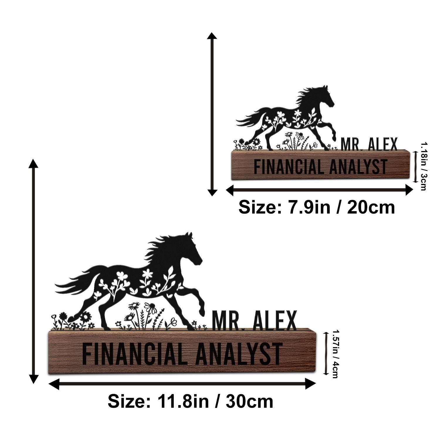Custom Horse Desk Nameplate Metal Office Sign with Running Stallion Floral Gift for Financial Analyst, Business Professional, Graduation