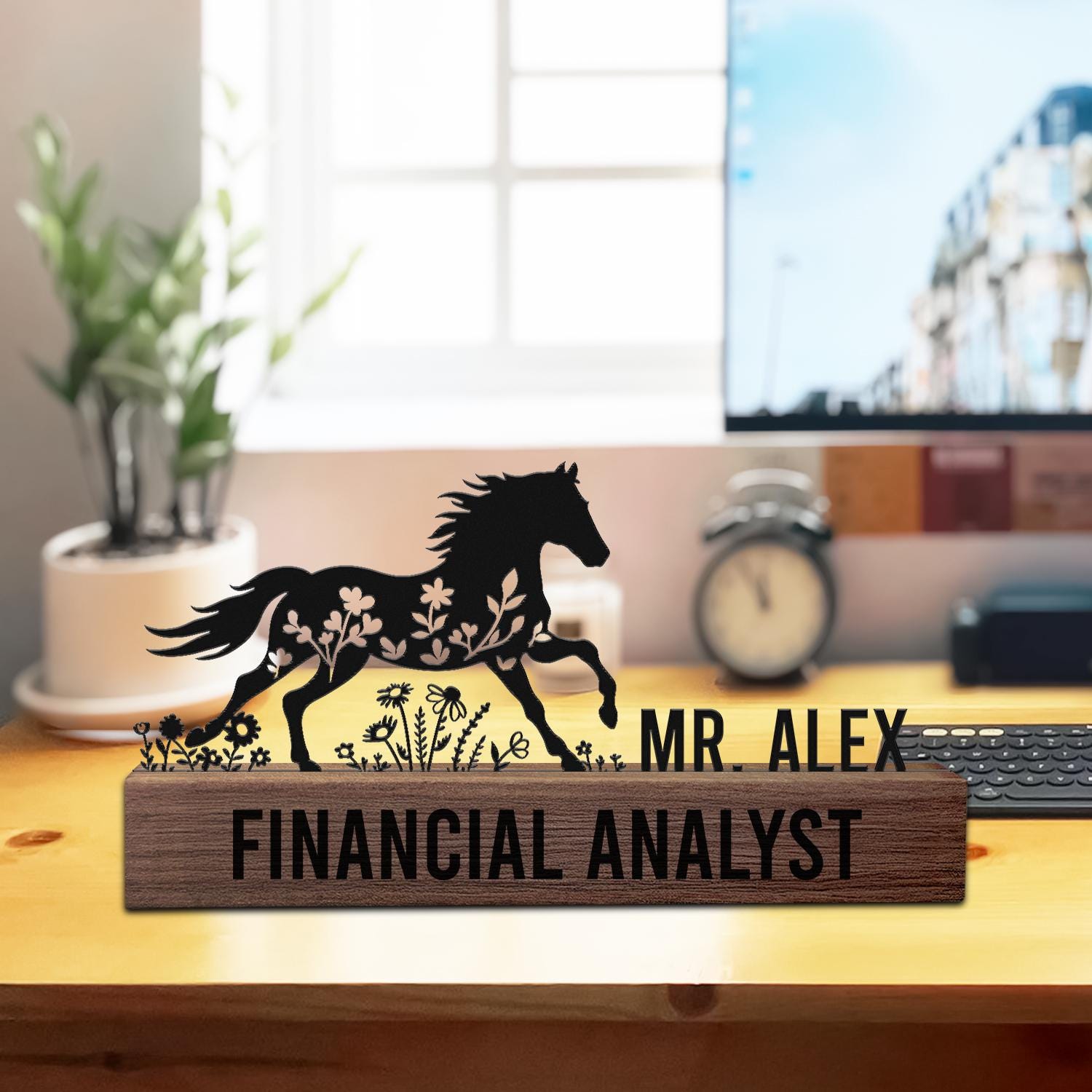 Custom Horse Desk Nameplate Metal Office Sign with Running Stallion Floral Gift for Financial Analyst, Business Professional, Graduation