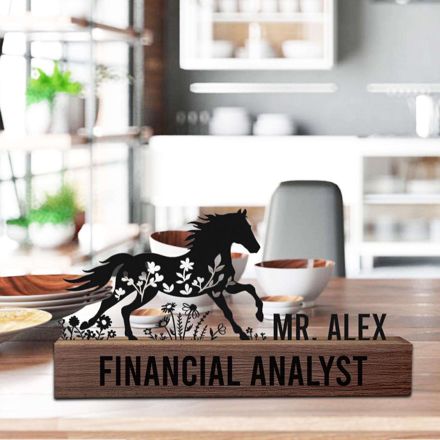 Custom Horse Desk Nameplate Metal Office Sign with Running Stallion Floral Gift for Financial Analyst, Business Professional, Graduation