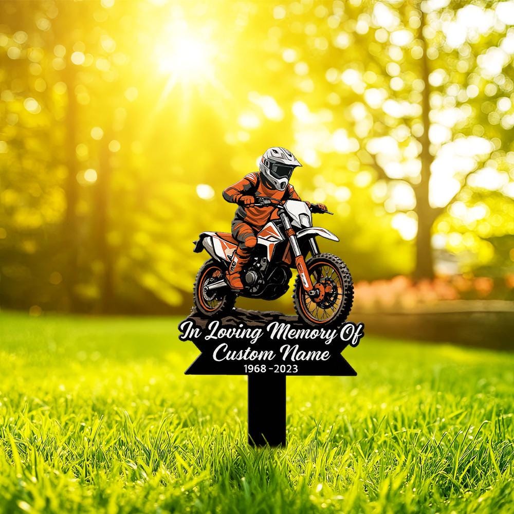 Custom Motocross Memorial Metal Garden Stake Dirt Bike Grave Marker Outdoor Sign for Biker Dad Husband Son Cemetery Remembrance Decor