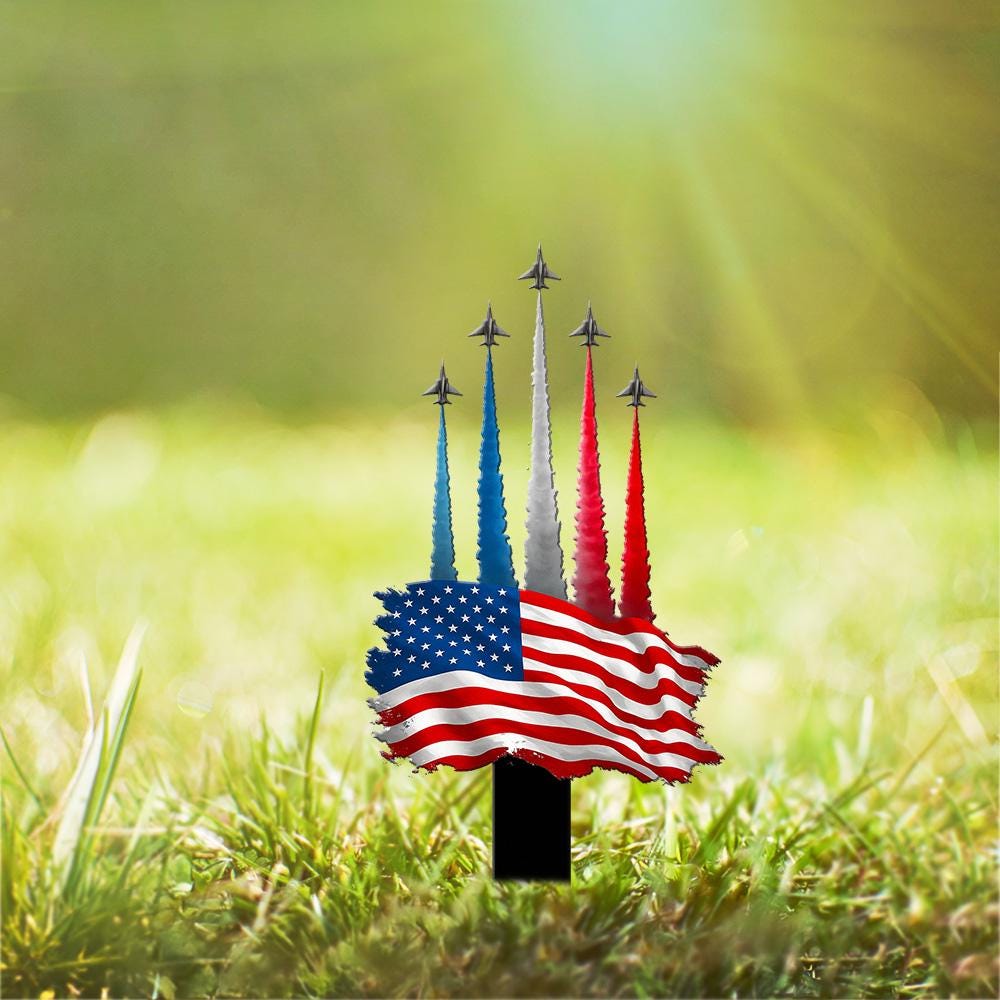 American Flag Jet Flyover Metal Stake, Patriotic Lawn Decor