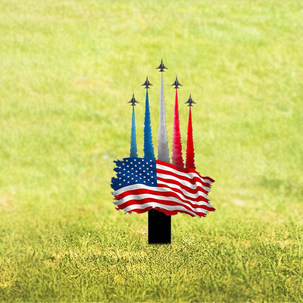 American Flag Jet Flyover Metal Stake, Patriotic Lawn Decor