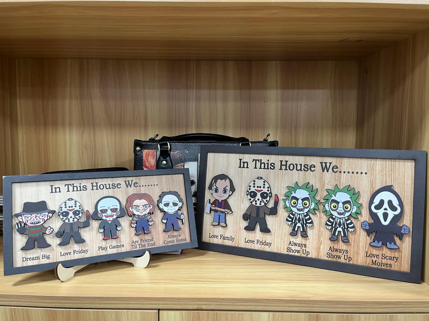 In This House We Horror Character Halloween Frame Wood Sign Home Decoration, Gift for Father's Day, Halloween Gift Idea, Kids Keepsake
