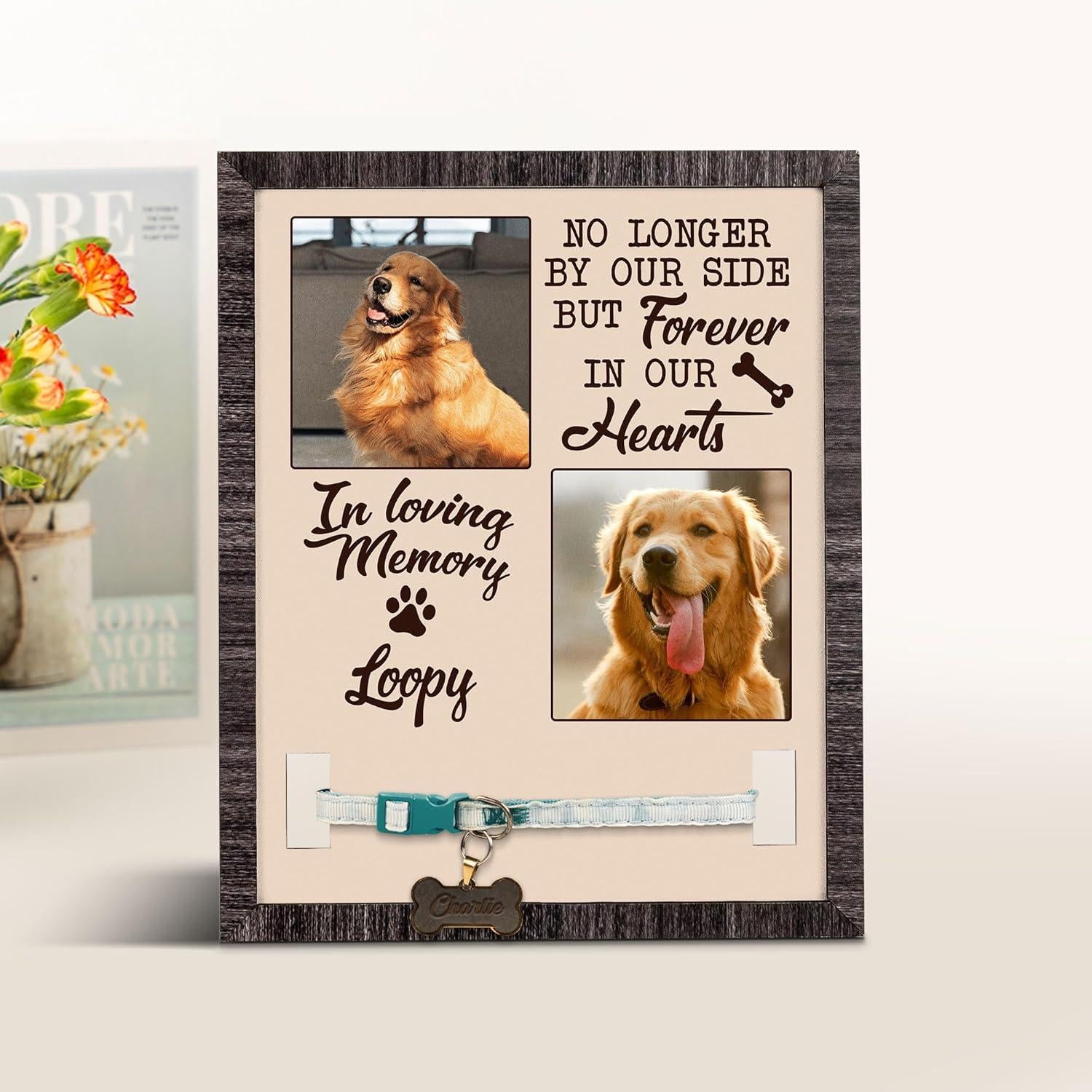 Custom Dog Memorial Photo Frame with Collar Holder, Pet Loss Gift, Dog Remembrance Keepsake, Forever in Our Hearts Tribute Pet Portrait Sign