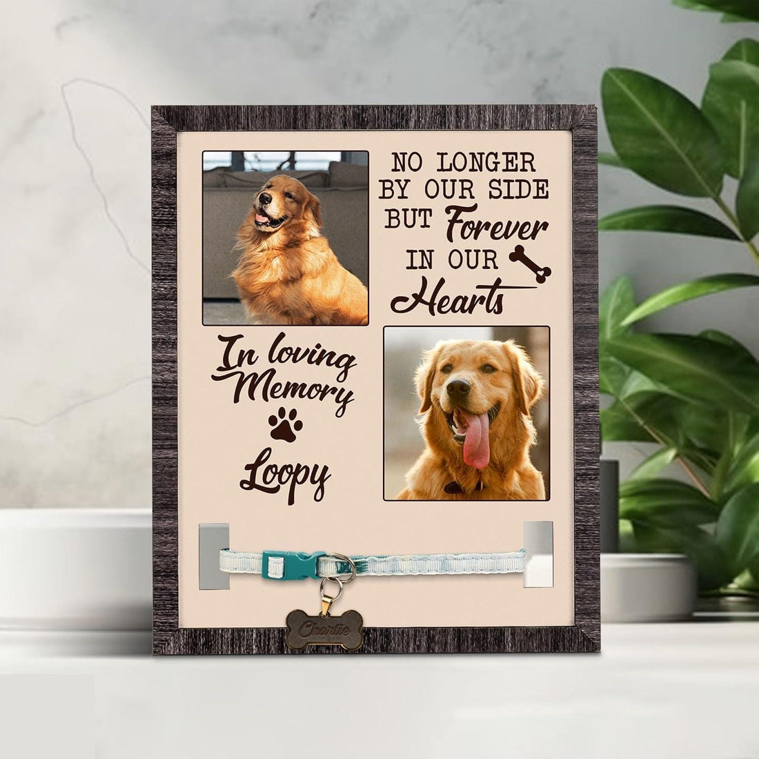Custom Dog Memorial Photo Frame with Collar Holder, Pet Loss Gift, Dog Remembrance Keepsake, Forever in Our Hearts Tribute Pet Portrait Sign