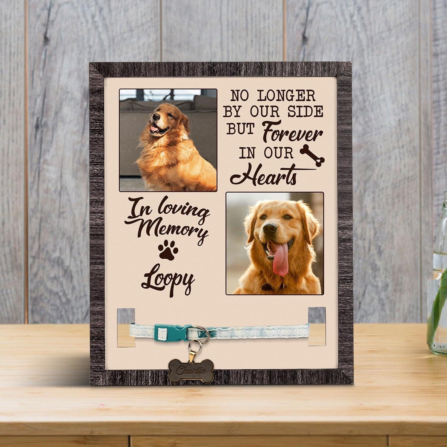 Custom Dog Memorial Photo Frame with Collar Holder, Pet Loss Gift, Dog Remembrance Keepsake, Forever in Our Hearts Tribute Pet Portrait Sign