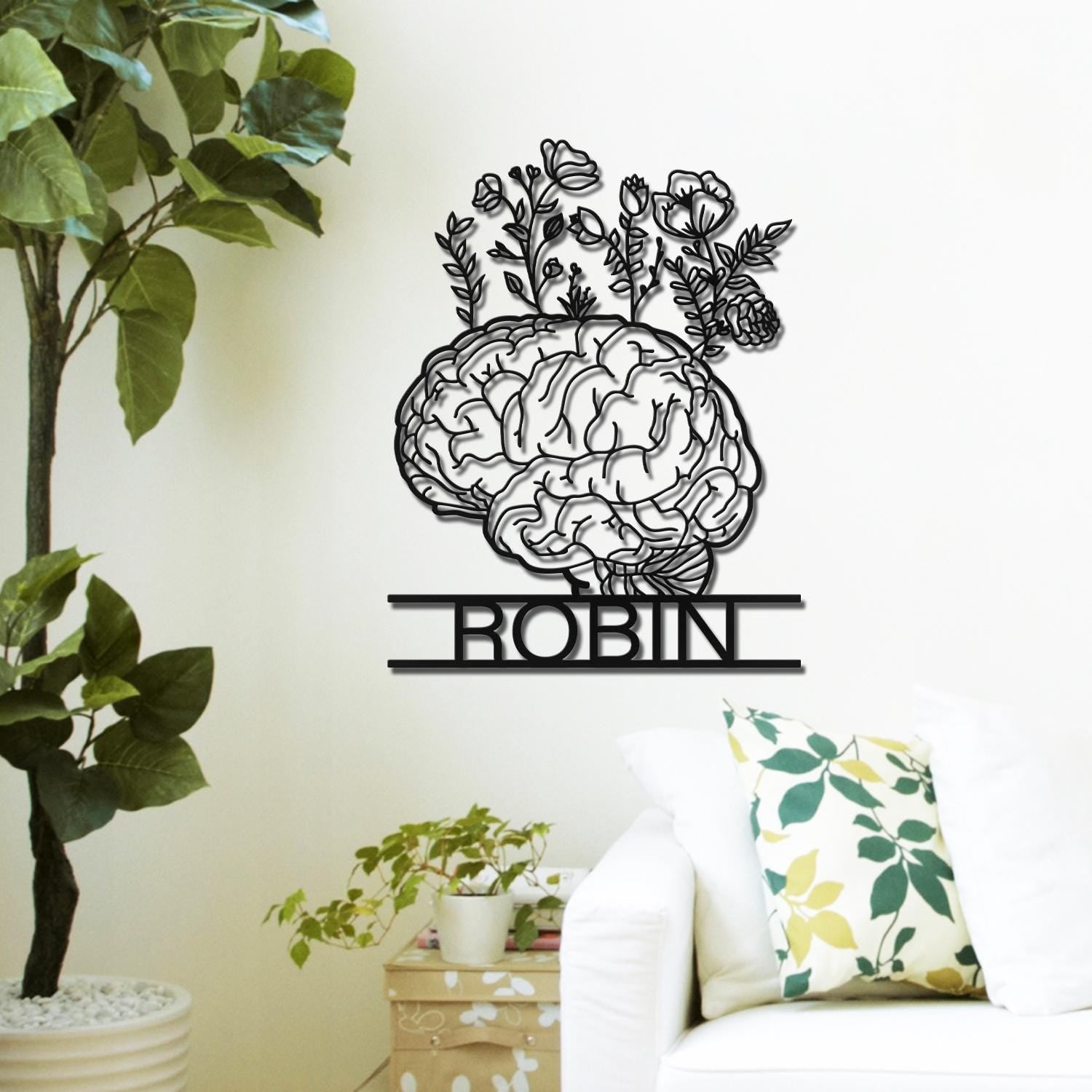 Custom Brain Led Light Metal Wall Art, Floral Head Sign, Mental Health Gift For Therapist Psychologist Nurse Doctor Counselor Office Decor