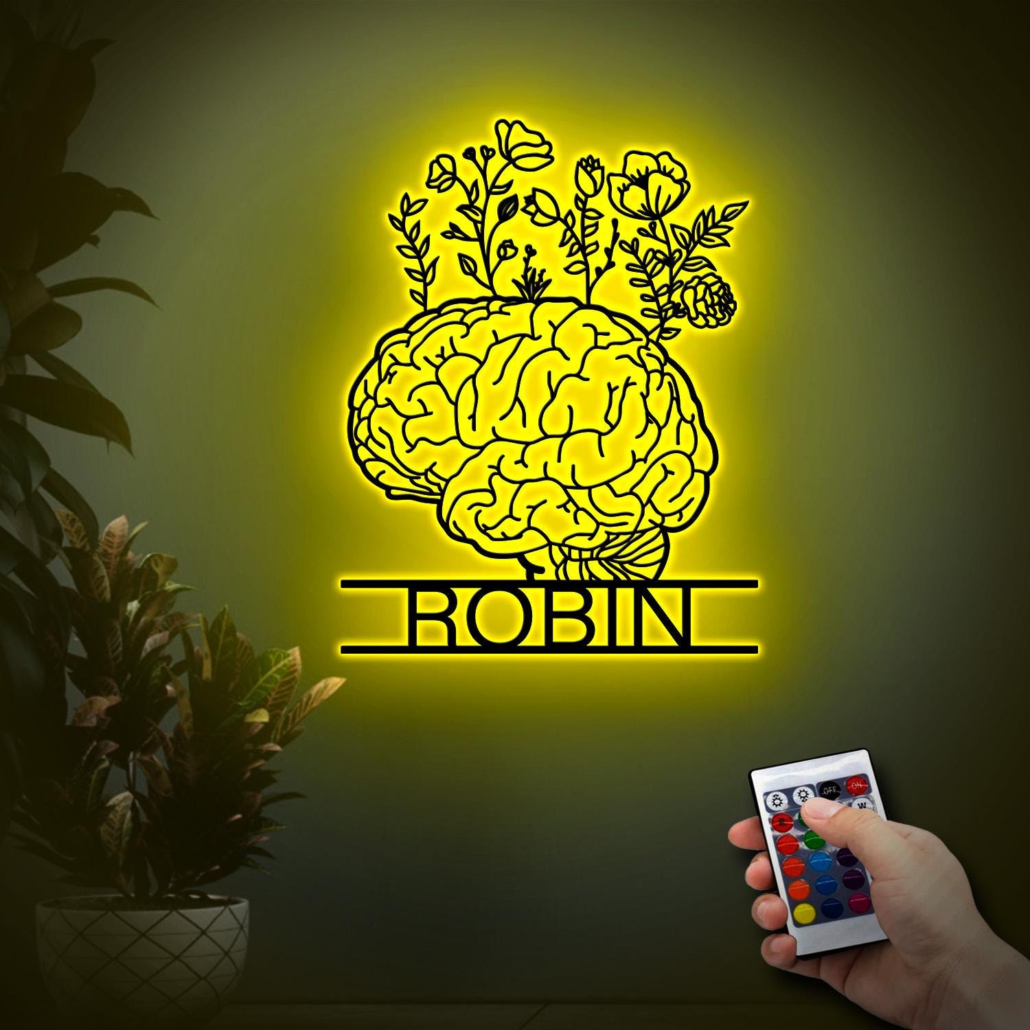 Custom Brain Led Light Metal Wall Art, Floral Head Sign, Mental Health Gift For Therapist Psychologist Nurse Doctor Counselor Office Decor