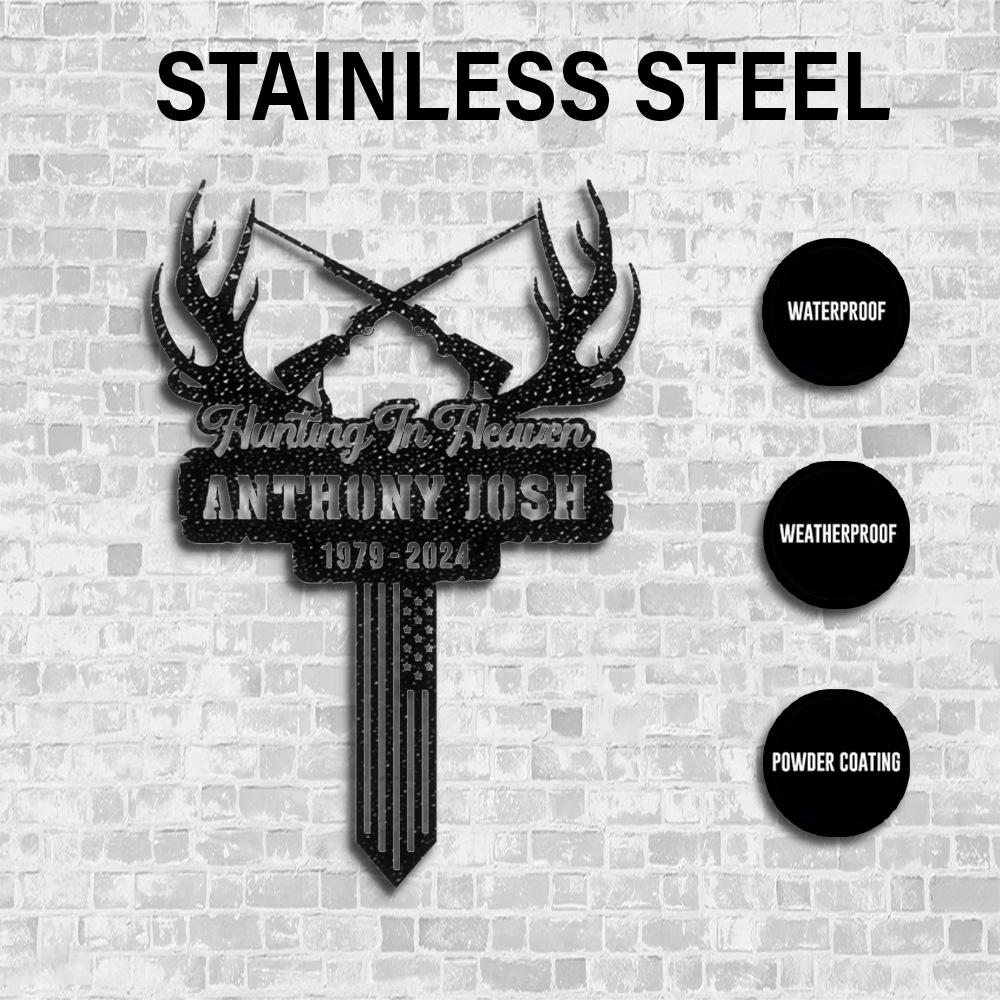 Hunting in Heaven, Custom Memorial Grave Marker, Metal Garden Stake Plaque, Loss of Dad Papa Husband, Deer Antlers and Rifle Tribute Sign