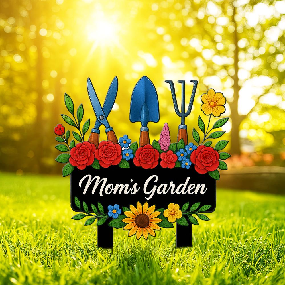 Custom Moms Garden Sign  Metal Floral Yard Stake with Sunflowers, Tools & Daisy, Rustic Outdoor Gift for Mother, Grandma, Flower Lover