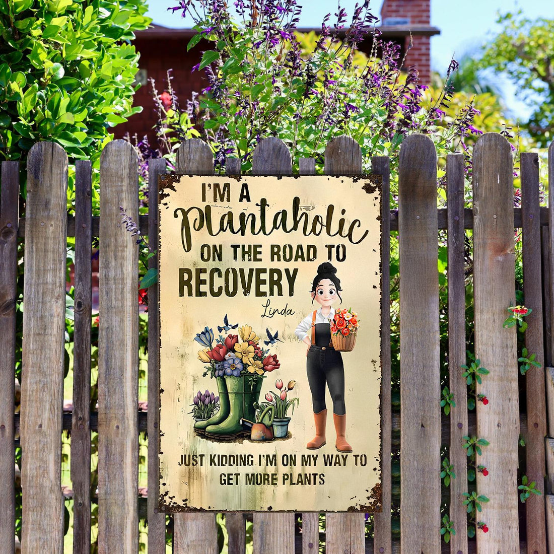 Custom Plantaholic Metal Sign, Funny Floral Boot Garden Decor