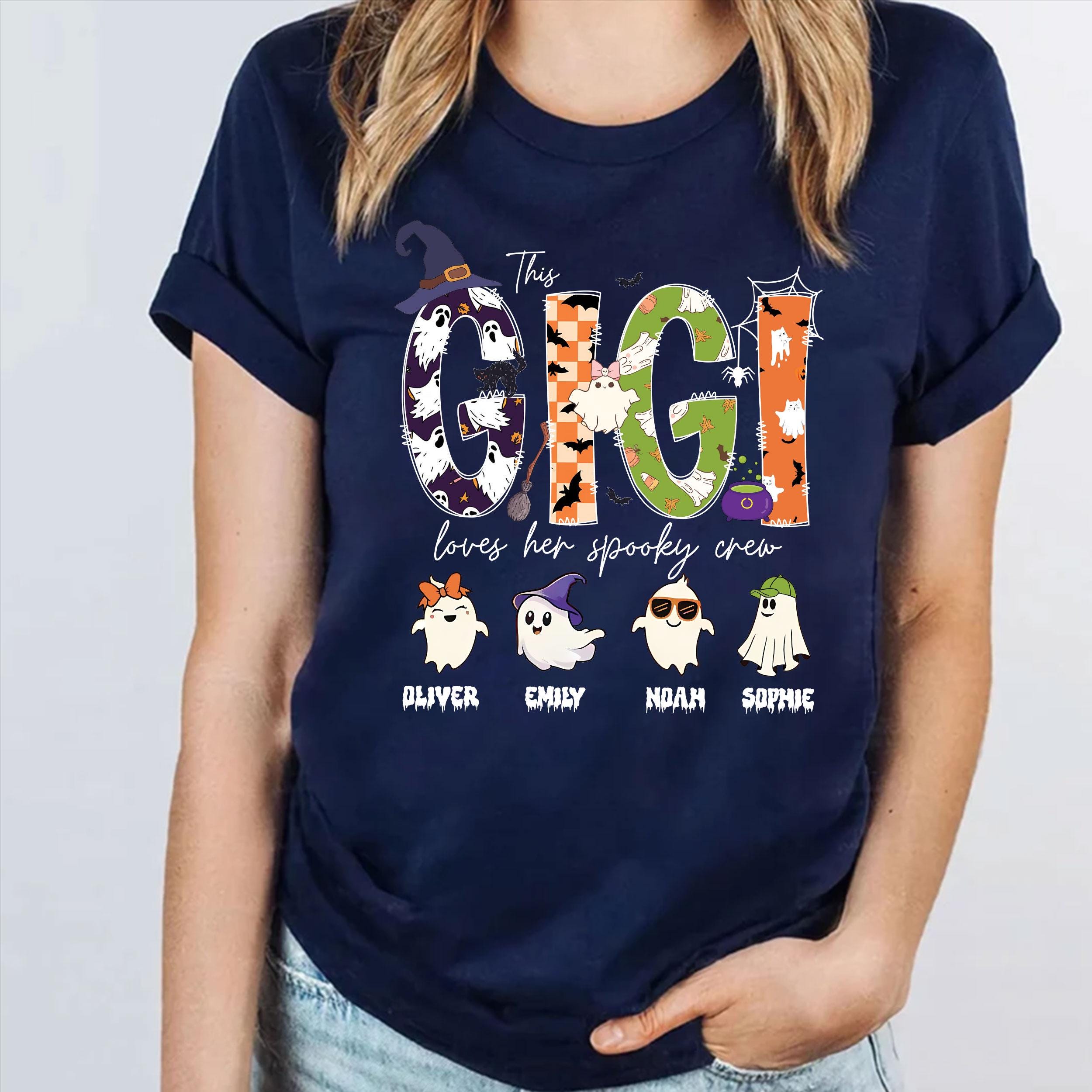 Custom Gigi Halloween Unisex T-Shirt Sweatshirt Hoodie, Halloween Gift for Gigi, Personalized Spooky Crew, Cute Ghost with Grandkid Names.