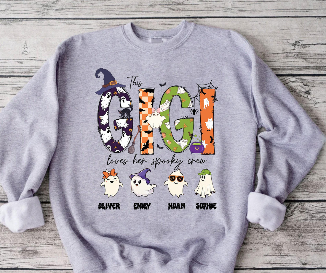 Custom Gigi Halloween Unisex T-Shirt Sweatshirt Hoodie, Halloween Gift for Gigi, Personalized Spooky Crew, Cute Ghost with Grandkid Names.