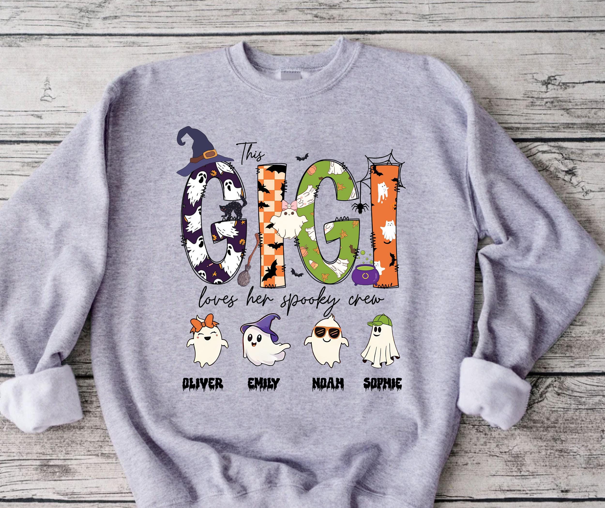 Custom Gigi Halloween Unisex T-Shirt Sweatshirt Hoodie, Halloween Gift for Gigi, Personalized Spooky Crew, Cute Ghost with Grandkid Names.