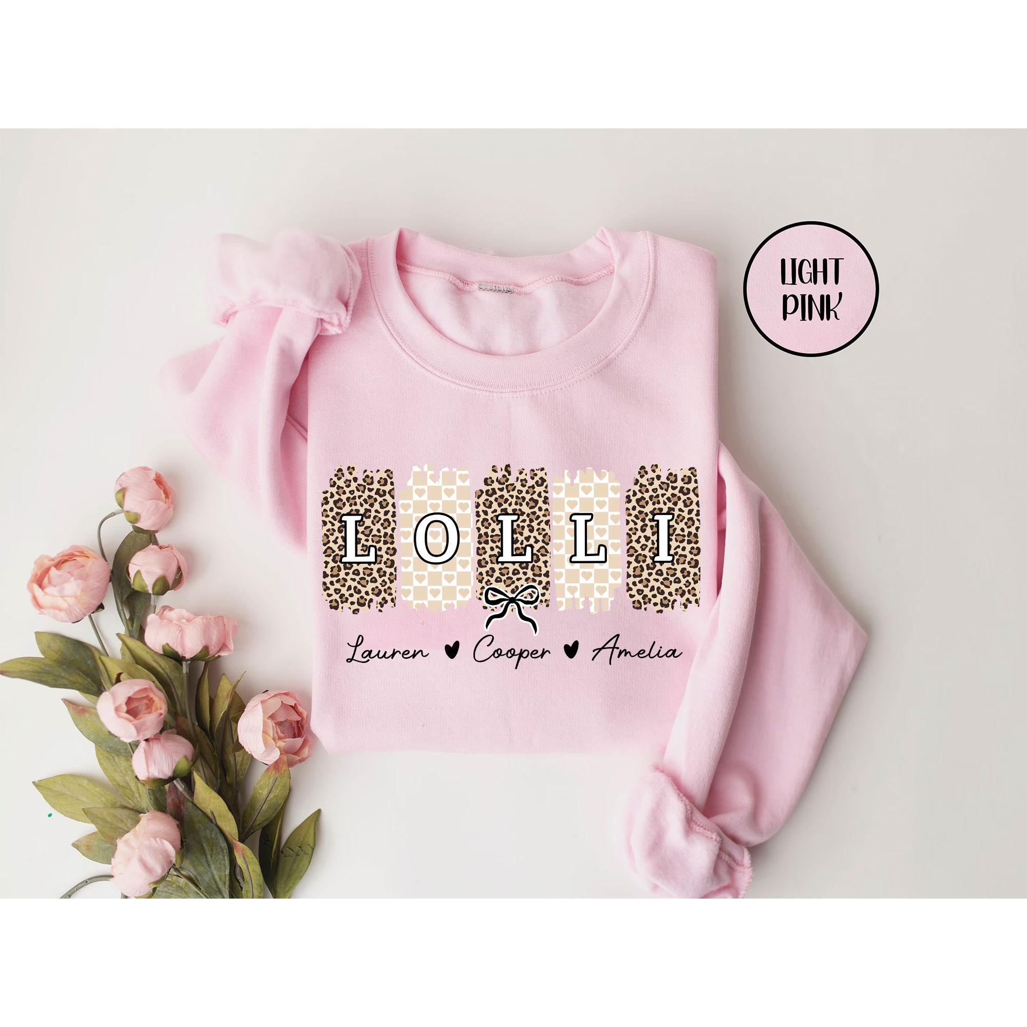 Personalized Lolli Unisex T-Shirt Sweatshirt Hoodie, Custom Cheetah Lolli Shirt Gift for Mother's Day Lolli Grandkid's Names Gift for Lolli.