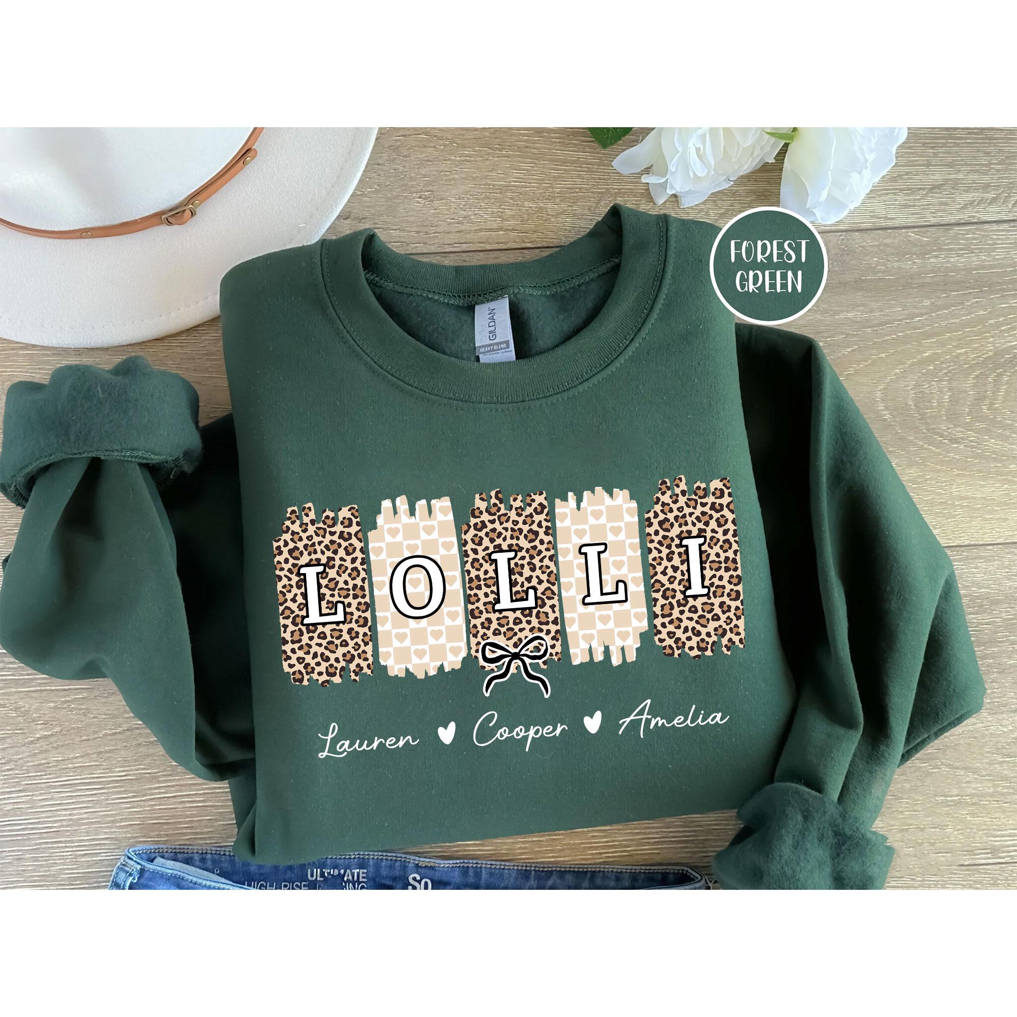 Personalized Lolli Unisex T-Shirt Sweatshirt Hoodie, Custom Cheetah Lolli Shirt Gift for Mother's Day Lolli Grandkid's Names Gift for Lolli.