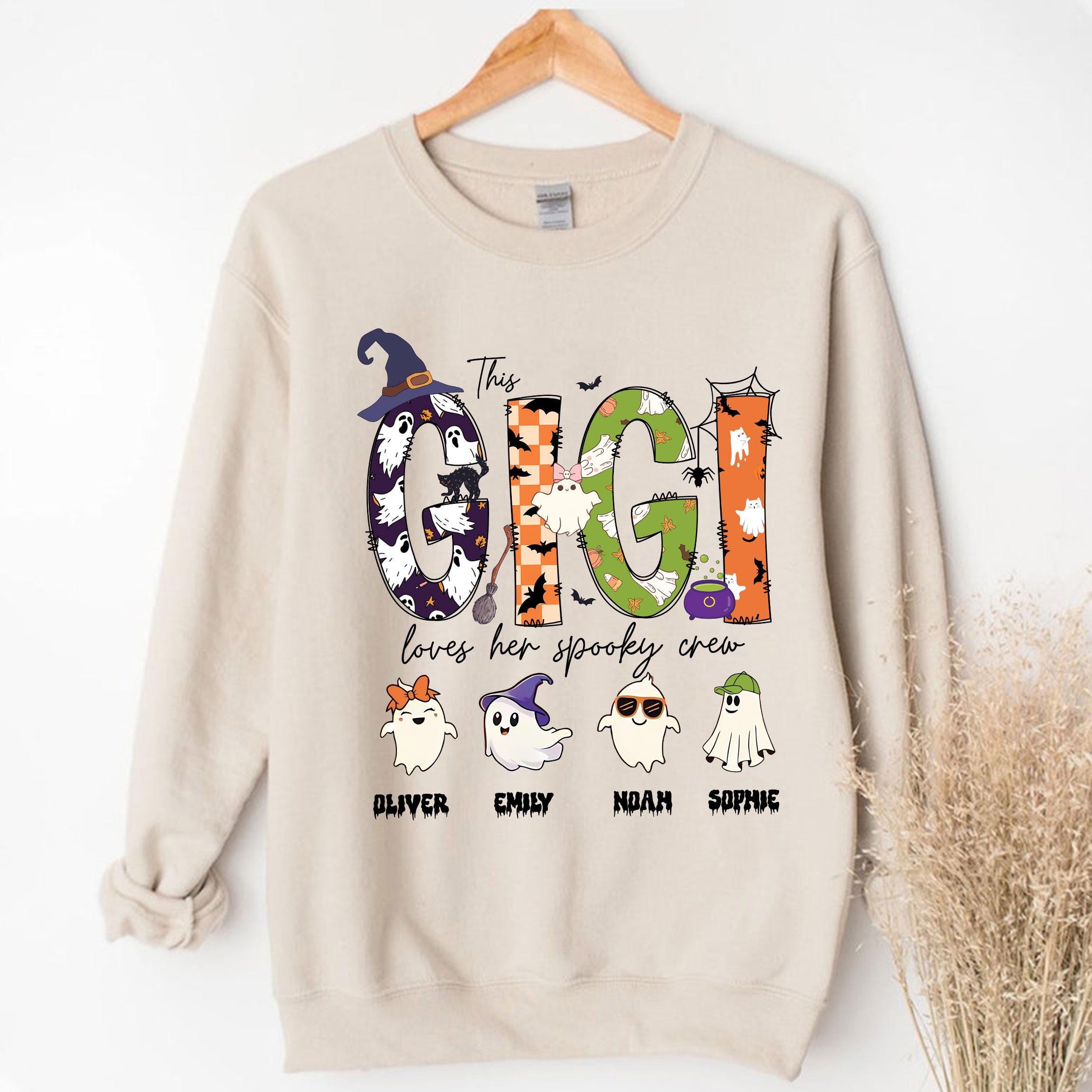 Custom Gigi Halloween Unisex T-Shirt Sweatshirt Hoodie, Halloween Gift for Gigi, Personalized Spooky Crew, Cute Ghost with Grandkid Names.