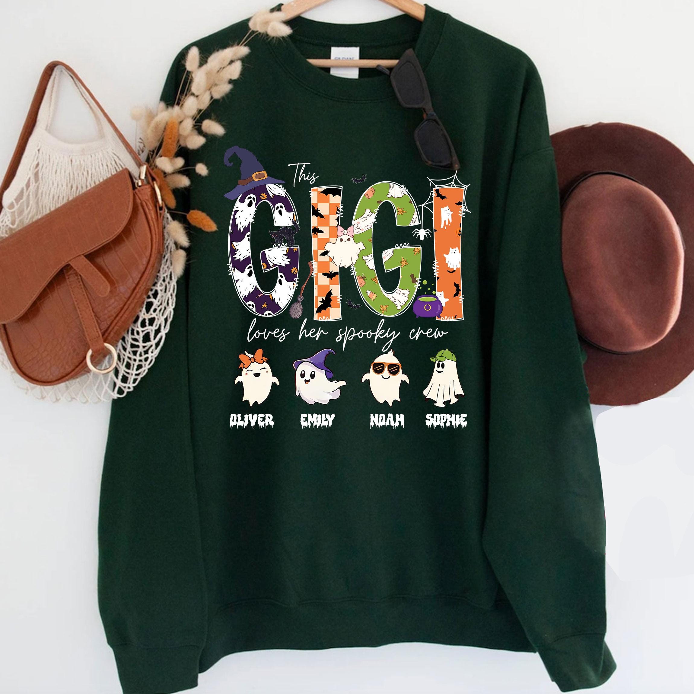 Custom Gigi Halloween Unisex T-Shirt Sweatshirt Hoodie, Halloween Gift for Gigi, Personalized Spooky Crew, Cute Ghost with Grandkid Names.