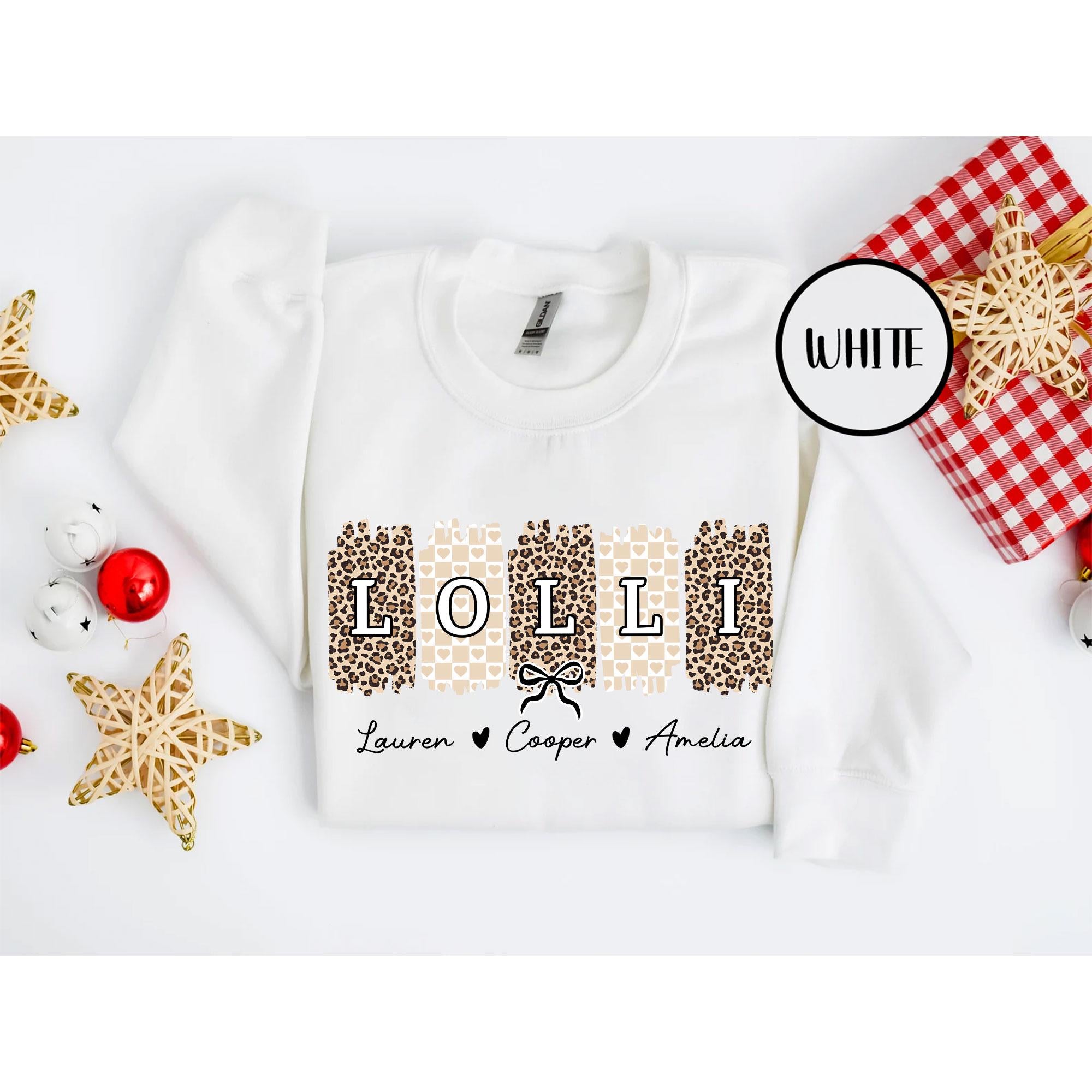 Personalized Lolli Unisex T-Shirt Sweatshirt Hoodie, Custom Cheetah Lolli Shirt Gift for Mother's Day Lolli Grandkid's Names Gift for Lolli.