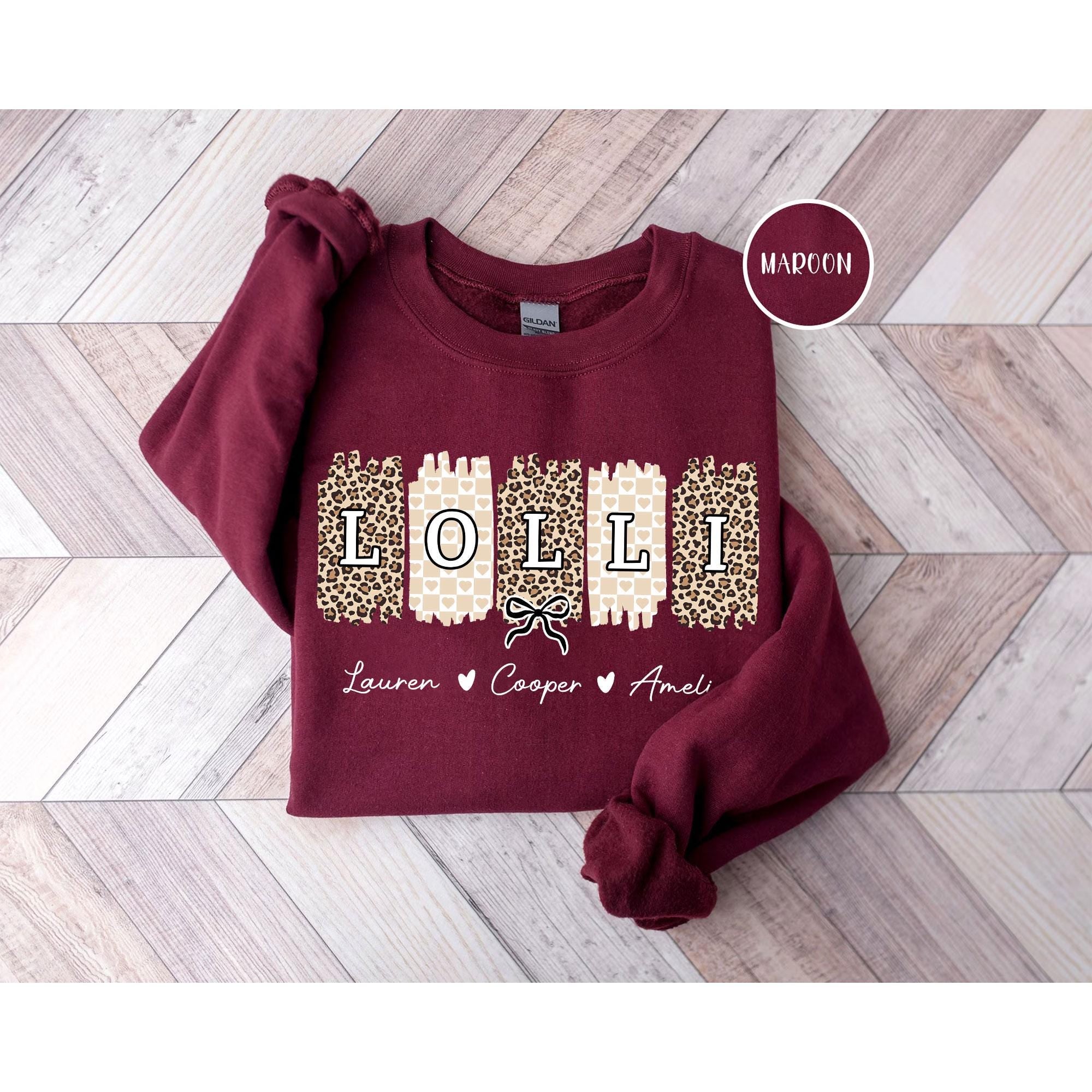 Personalized Lolli Unisex T-Shirt Sweatshirt Hoodie, Custom Cheetah Lolli Shirt Gift for Mother's Day Lolli Grandkid's Names Gift for Lolli.