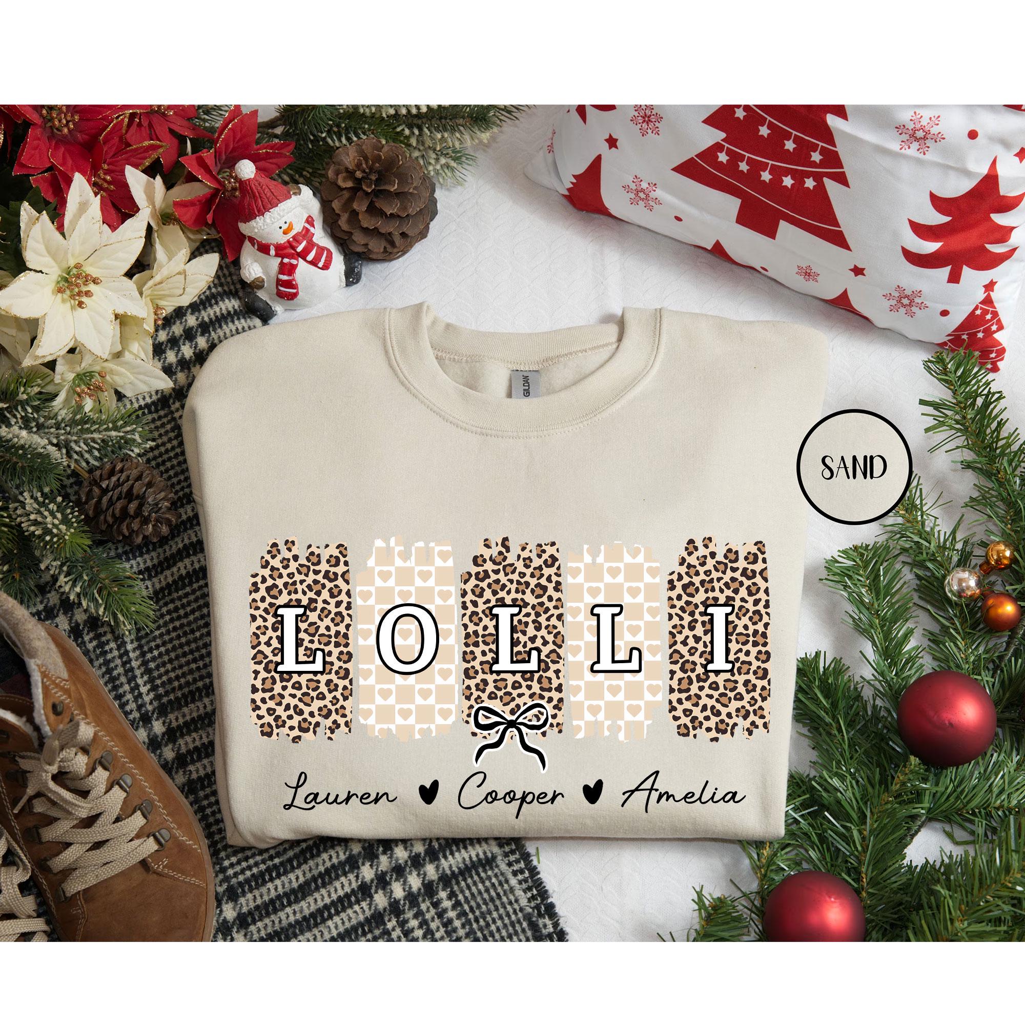 Personalized Lolli Unisex T-Shirt Sweatshirt Hoodie, Custom Cheetah Lolli Shirt Gift for Mother's Day Lolli Grandkid's Names Gift for Lolli.