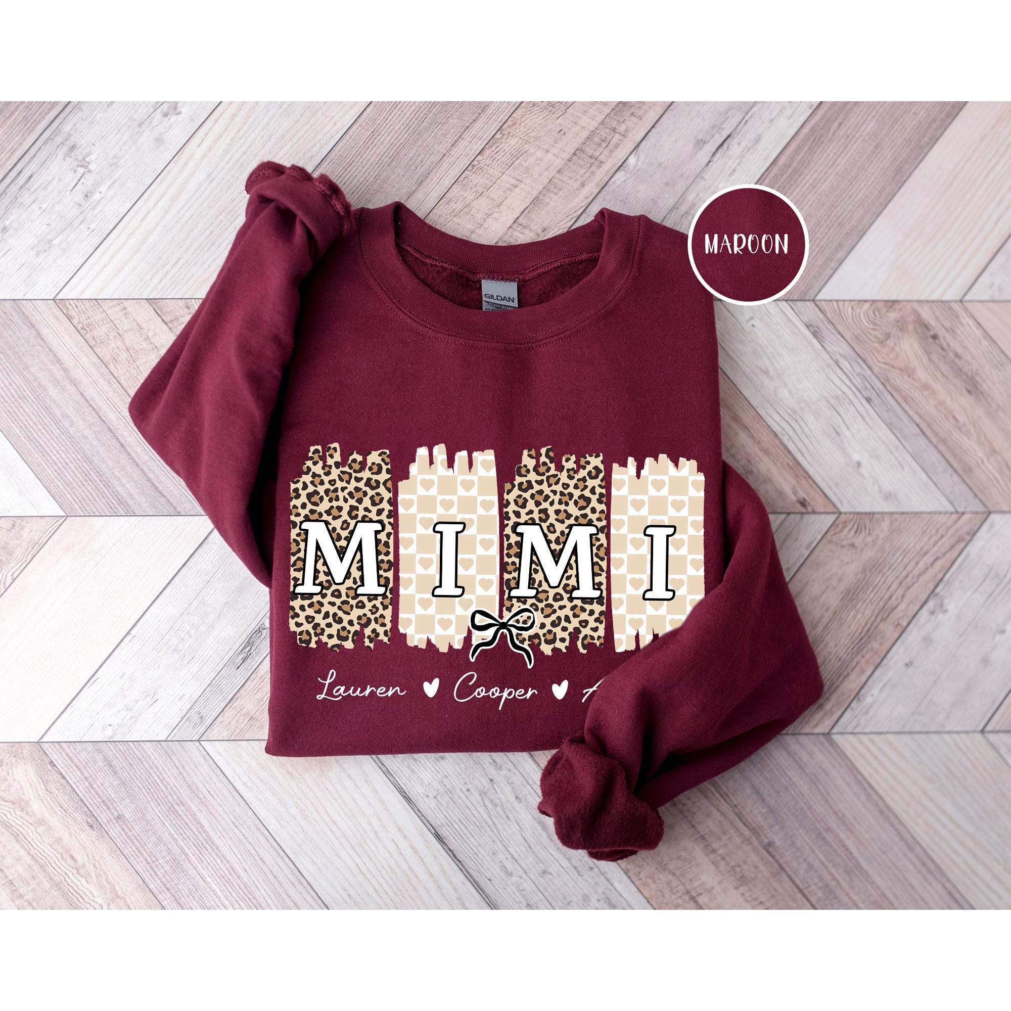 Personalized Mimi Unisex T-Shirt Sweatshirt Hoodie, Custom Cheetah Mimi T-Shirt Gift for Mother's Day Mimi Grandkid's Names Gift for Mimi.