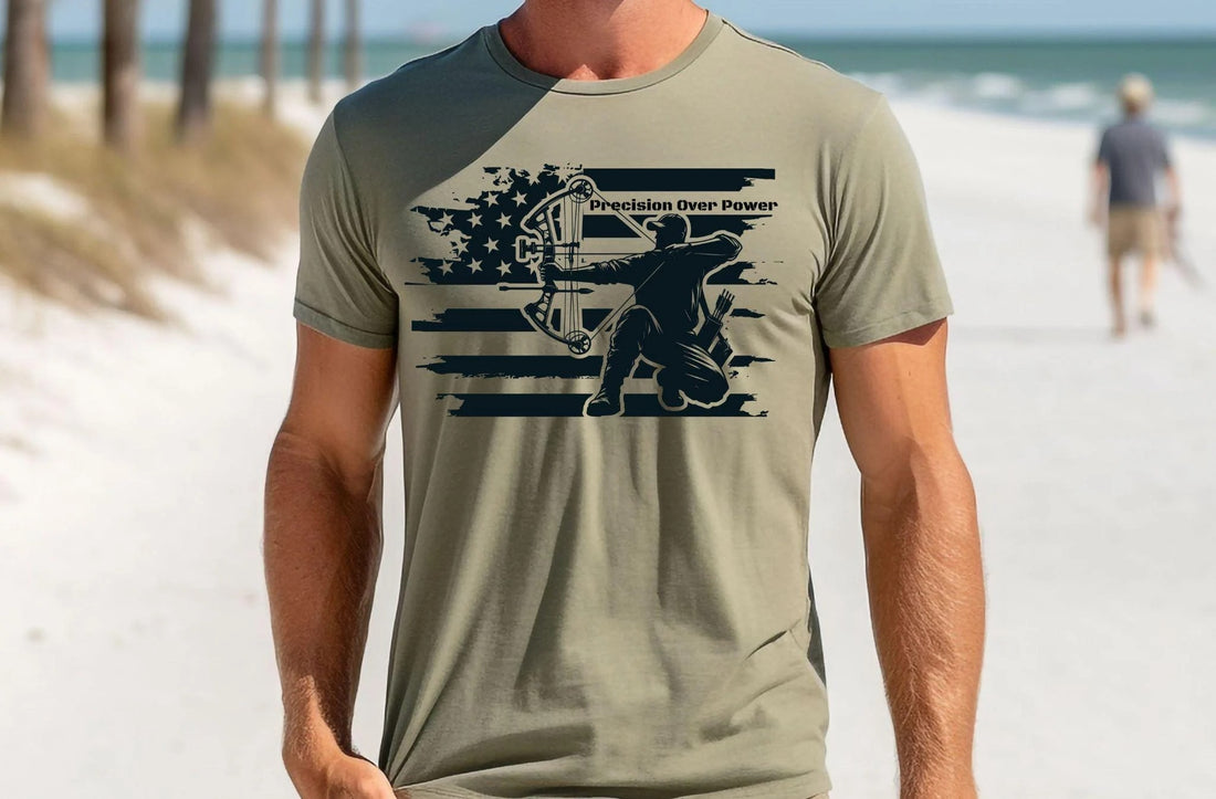 Archery Hunting Shirt for Men - Precision Over Power Bowhunter Graphic T-Shirt - Patriotic American Flag Gift for Archers & Outdoorsmen
