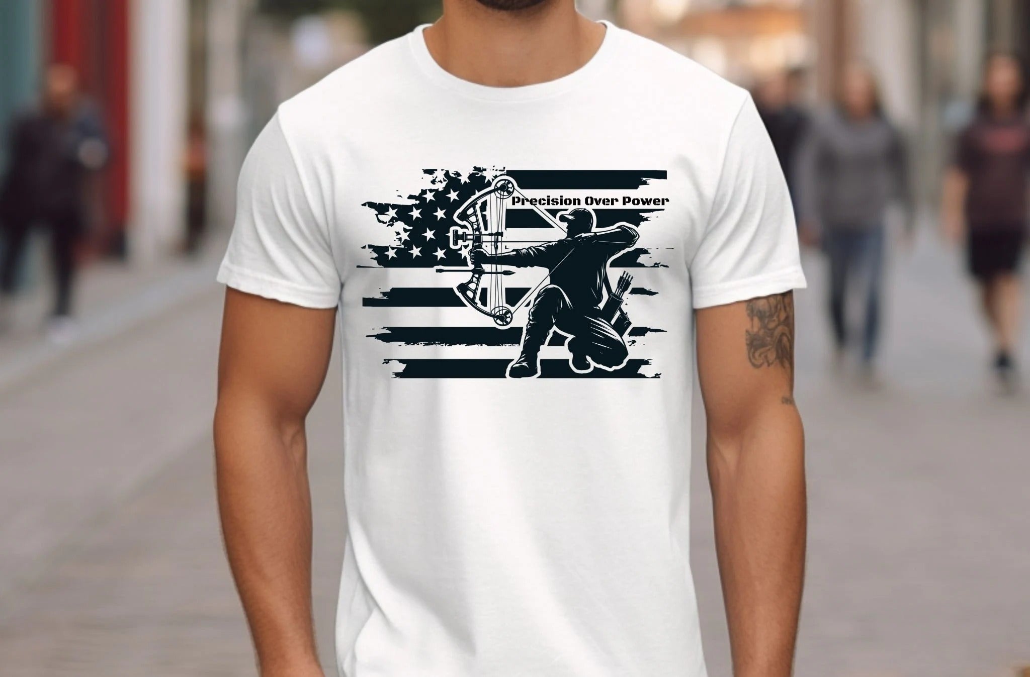 Archery Hunting Shirt for Men - Precision Over Power Bowhunter Graphic T-Shirt - Patriotic American Flag Gift for Archers & Outdoorsmen