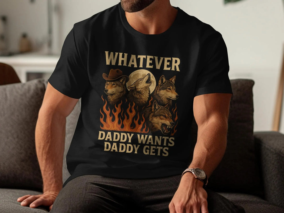 Alpha Wolf Graphic Tee with Flames and Cowboy Hat – Funny Father’s Day Gift Idea for Husband, Papa, Outdoor Men