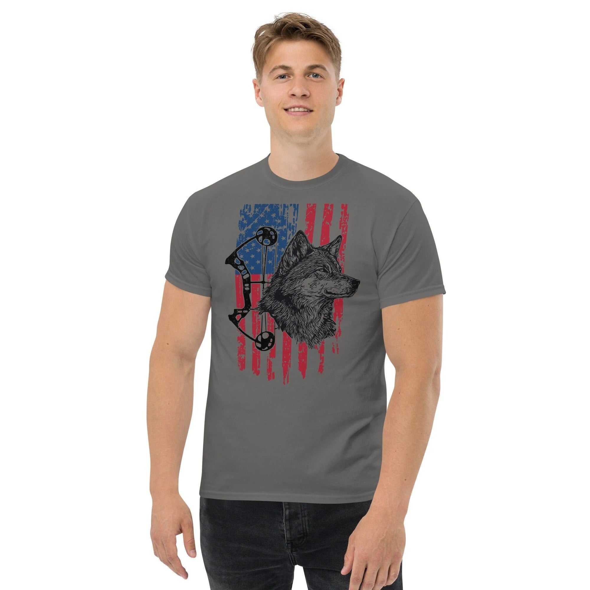 American Flag Wolf Bowhunting Shirt for Men - Gift for Archers Outdoorsmen Hunters