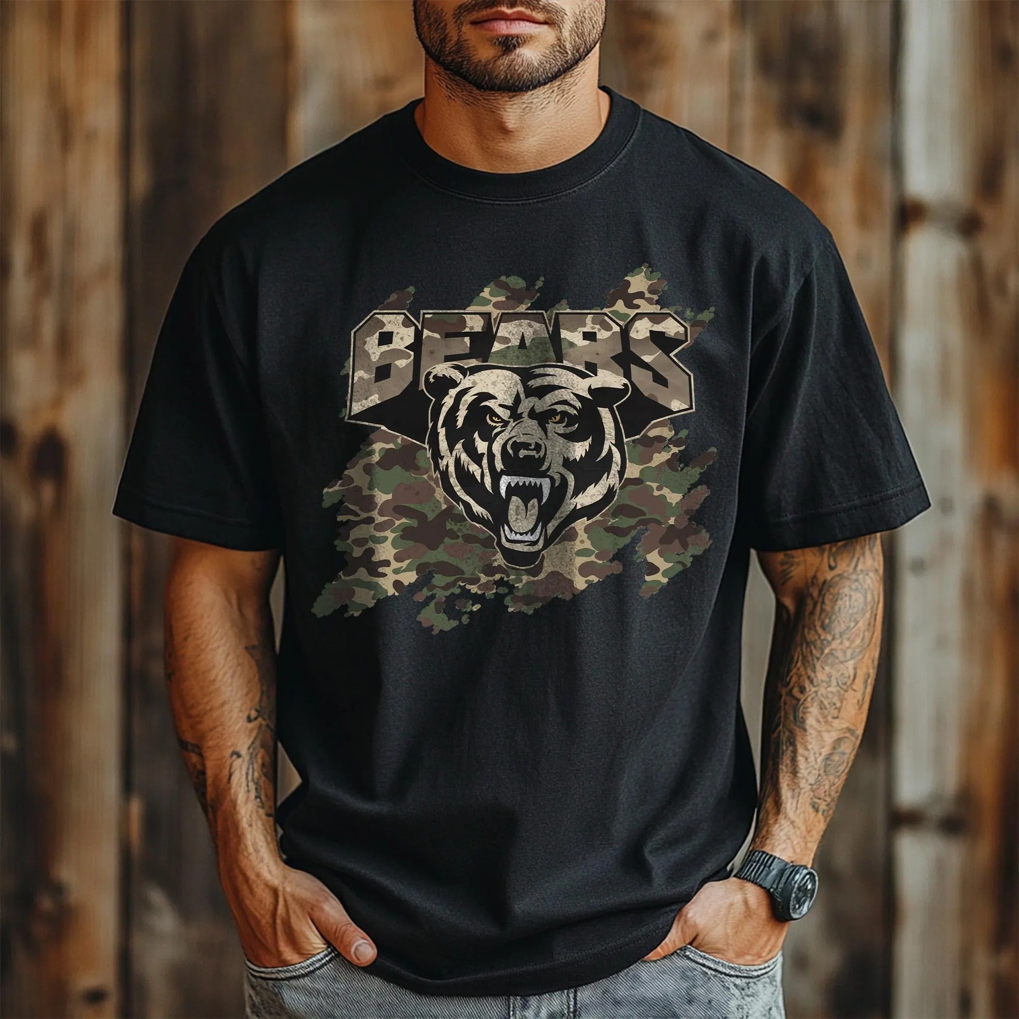 Bear Hunting Camo T-Shirt for Men - Angry Grizzly Graphic Shirt Gift for Dad Hunters - Outdoorsman Birthday or Father's Day Tee