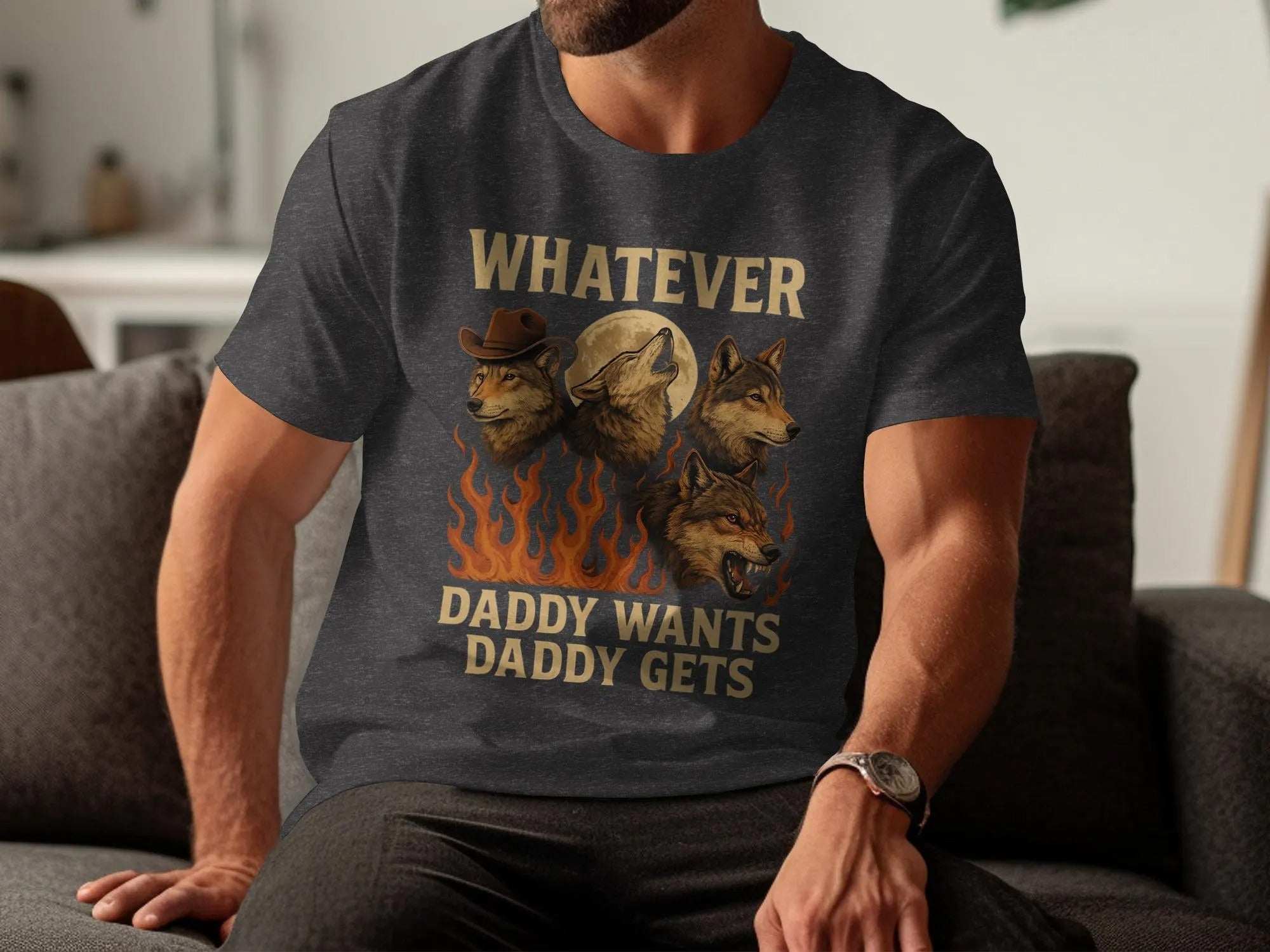 Alpha Wolf Graphic Tee with Flames and Cowboy Hat – Funny Father’s Day Gift Idea for Husband, Papa, Outdoor Men